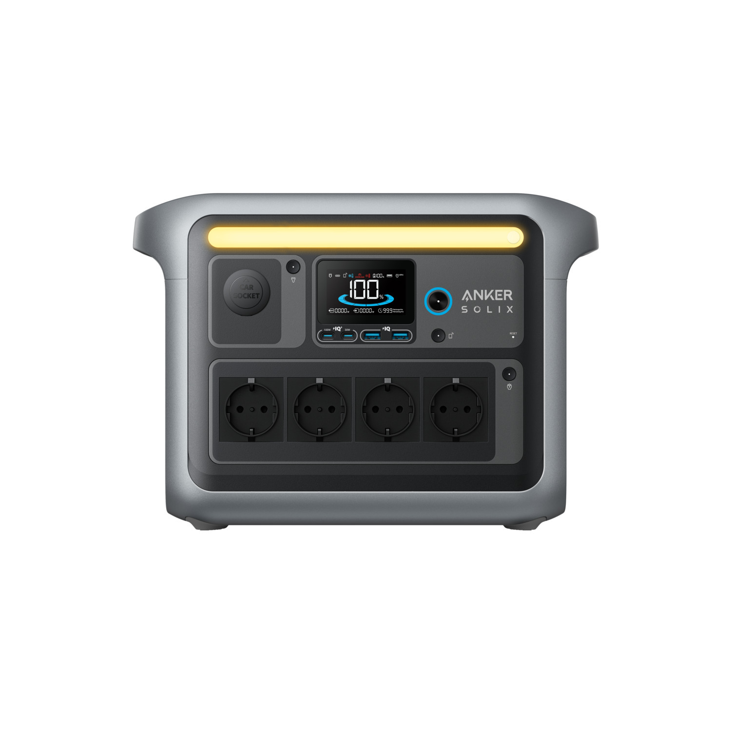 Anker Solix power station. Gray and black with a digital display showing 100%. Includes power outlets, USB ports, and a light bar.