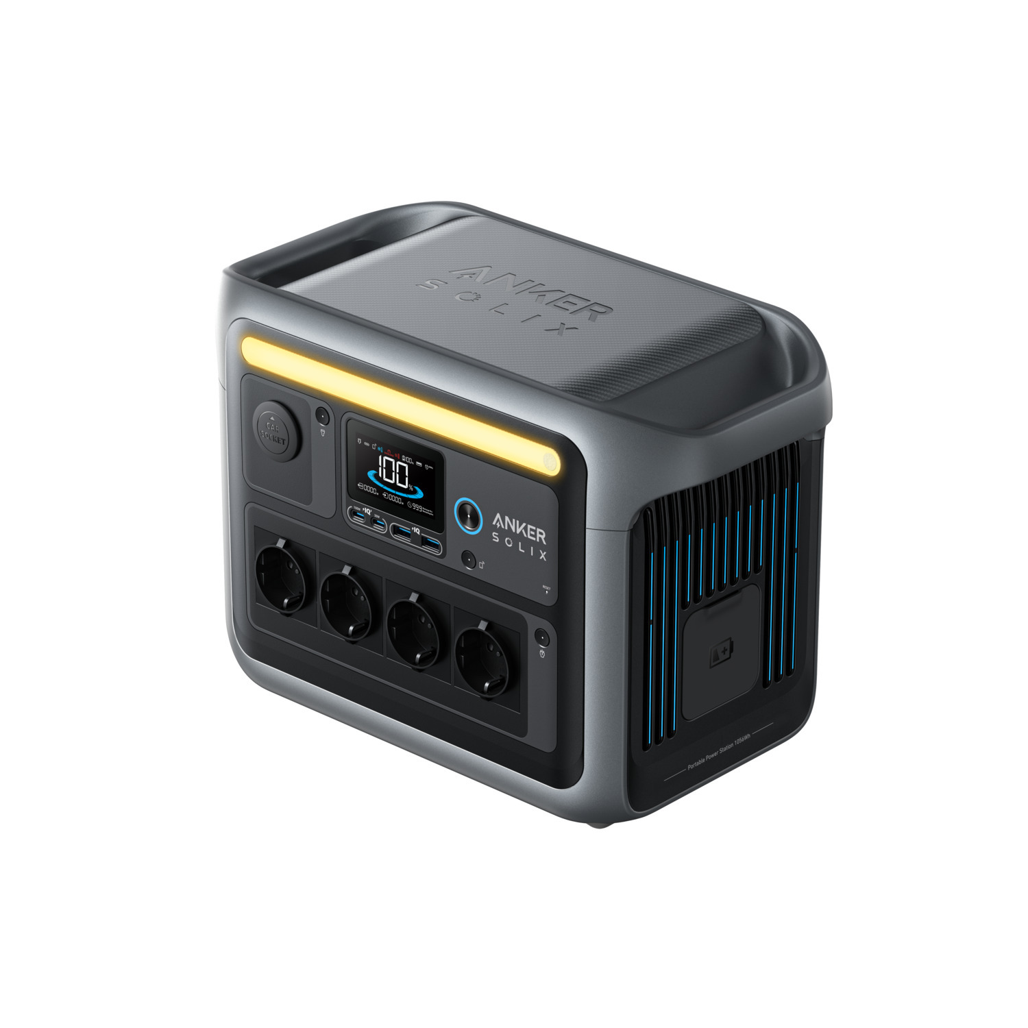 Anker Solix portable power station, gray and black, shows an LCD screen, outlets, and an LED light.  White background.