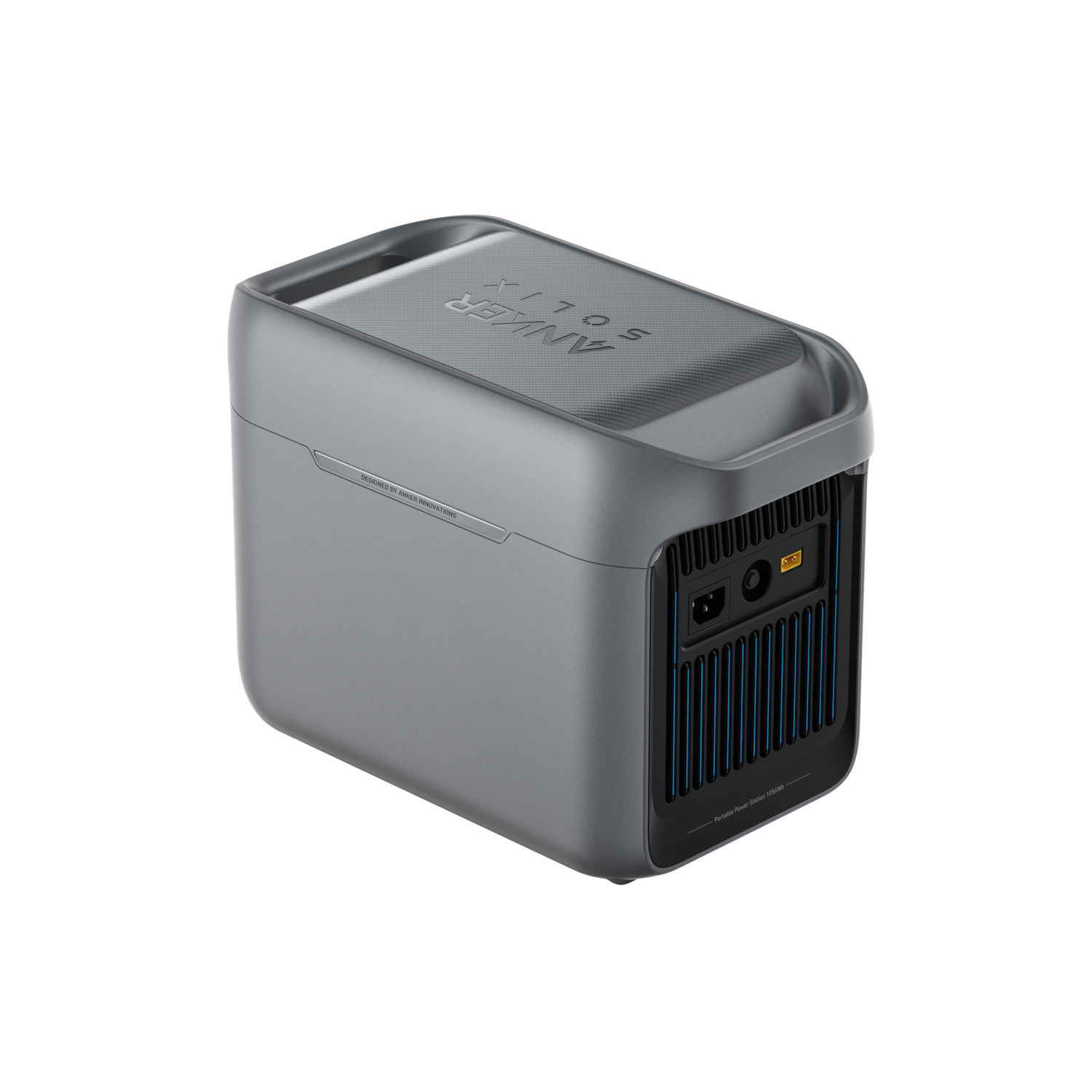 A gray Anker Solix portable power station. It has a rectangular shape with a handle on top. The front has vents and ports.