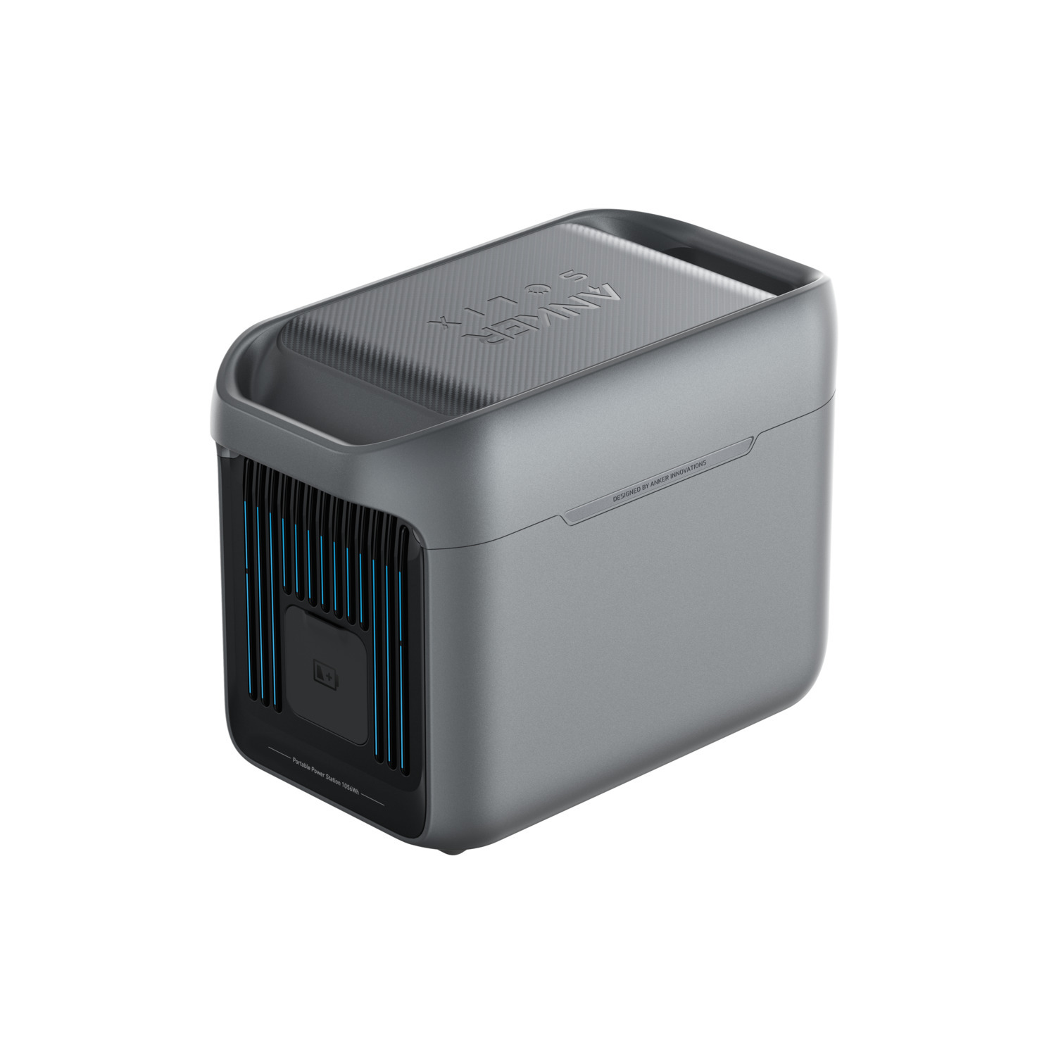 A gray Anker portable power station, rectangular with rounded corners, blue accents, and a carbon fiber-like top, on a white background.