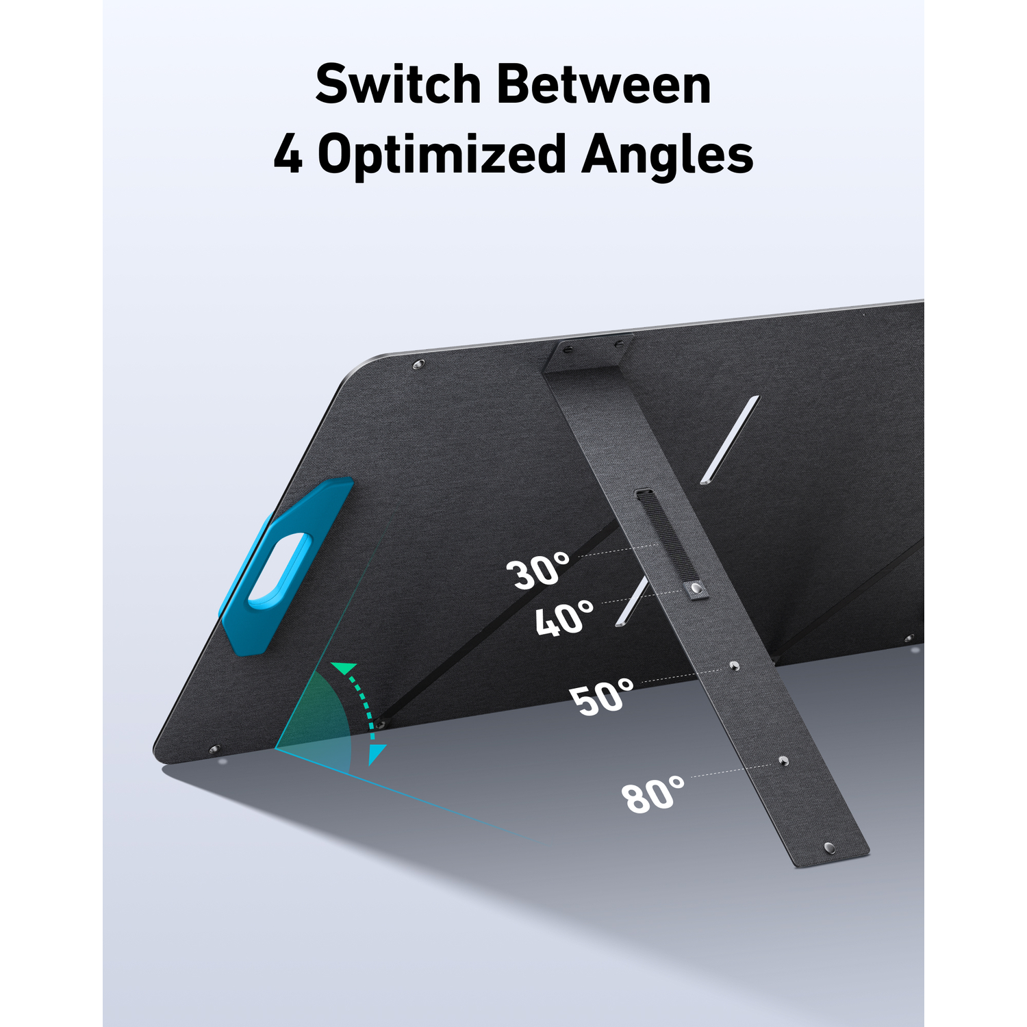 Black laptop stand with blue handle, displaying 4 angle options: 30°, 40°, 50°, and 80°. Text reads: Switch Between 4 Optimized Angles.
