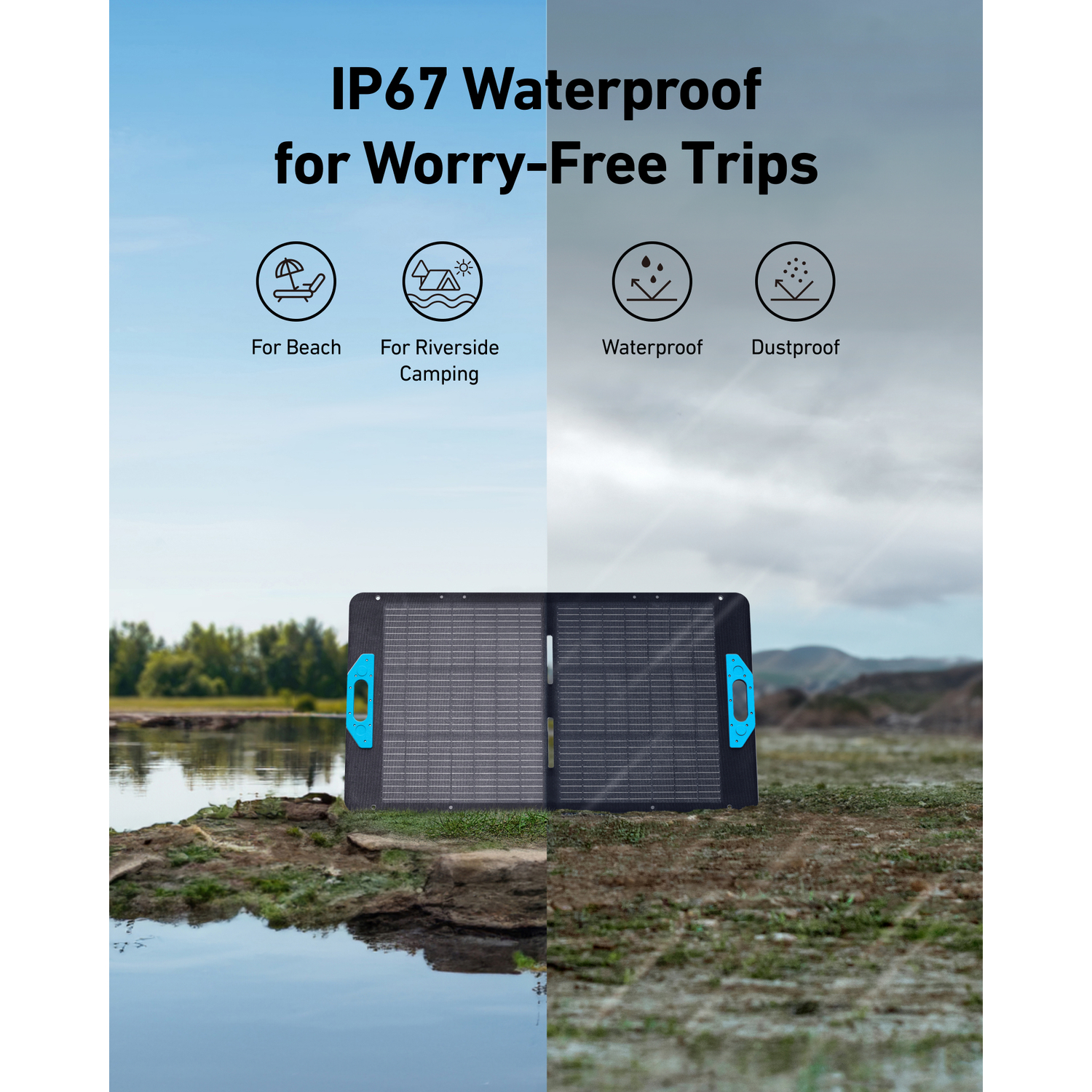 Solar panel on a riverbank. Text: IP67 Waterproof. Icons for beach, camping, waterproof, and dustproof.