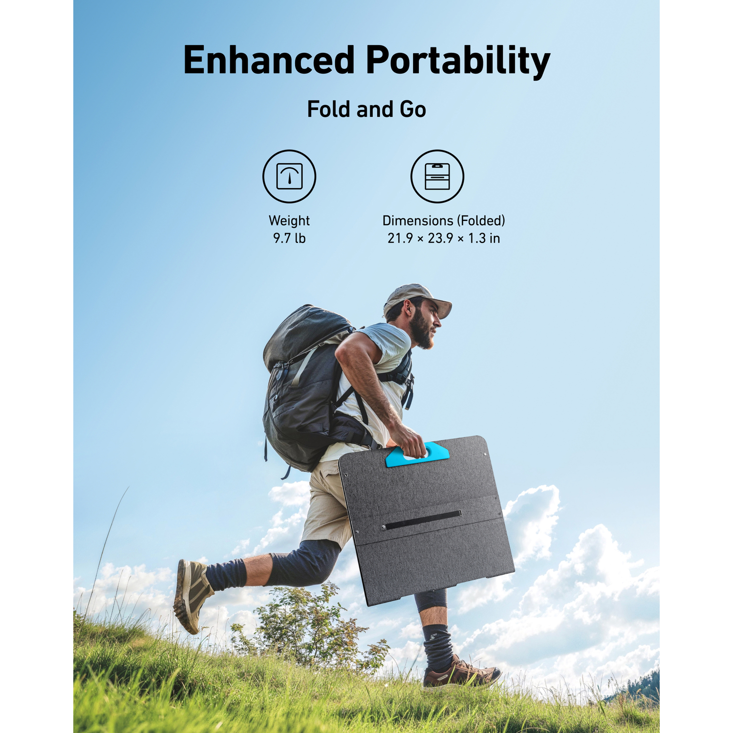 A man runs carrying a gray foldable device with a blue handle in a grassy field. The sky is blue.