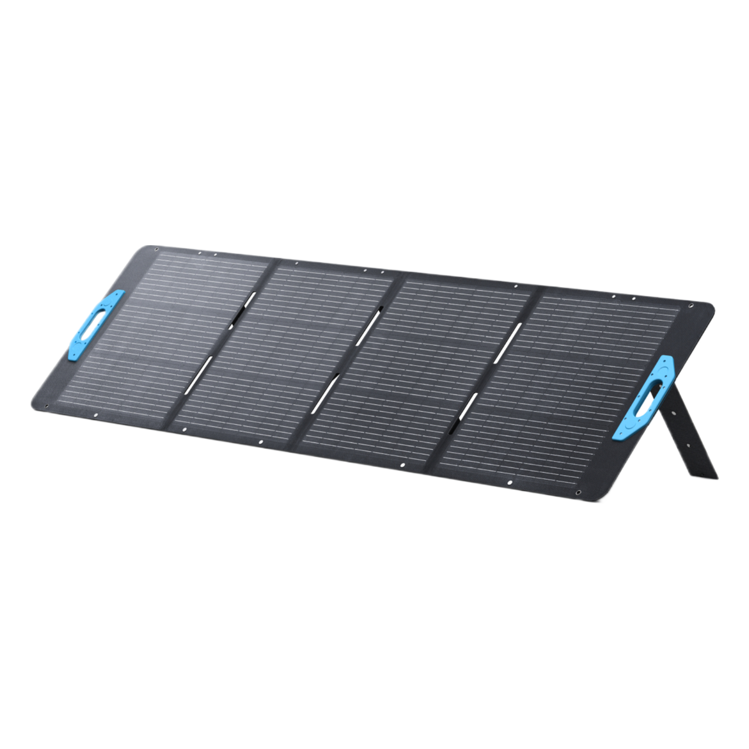 Een opgevouwen zonnepaneel met blauwe handgrepen, zwart oppervlak en wit frame, ondersteund door een poot, tegen een zwarte achtergrond.