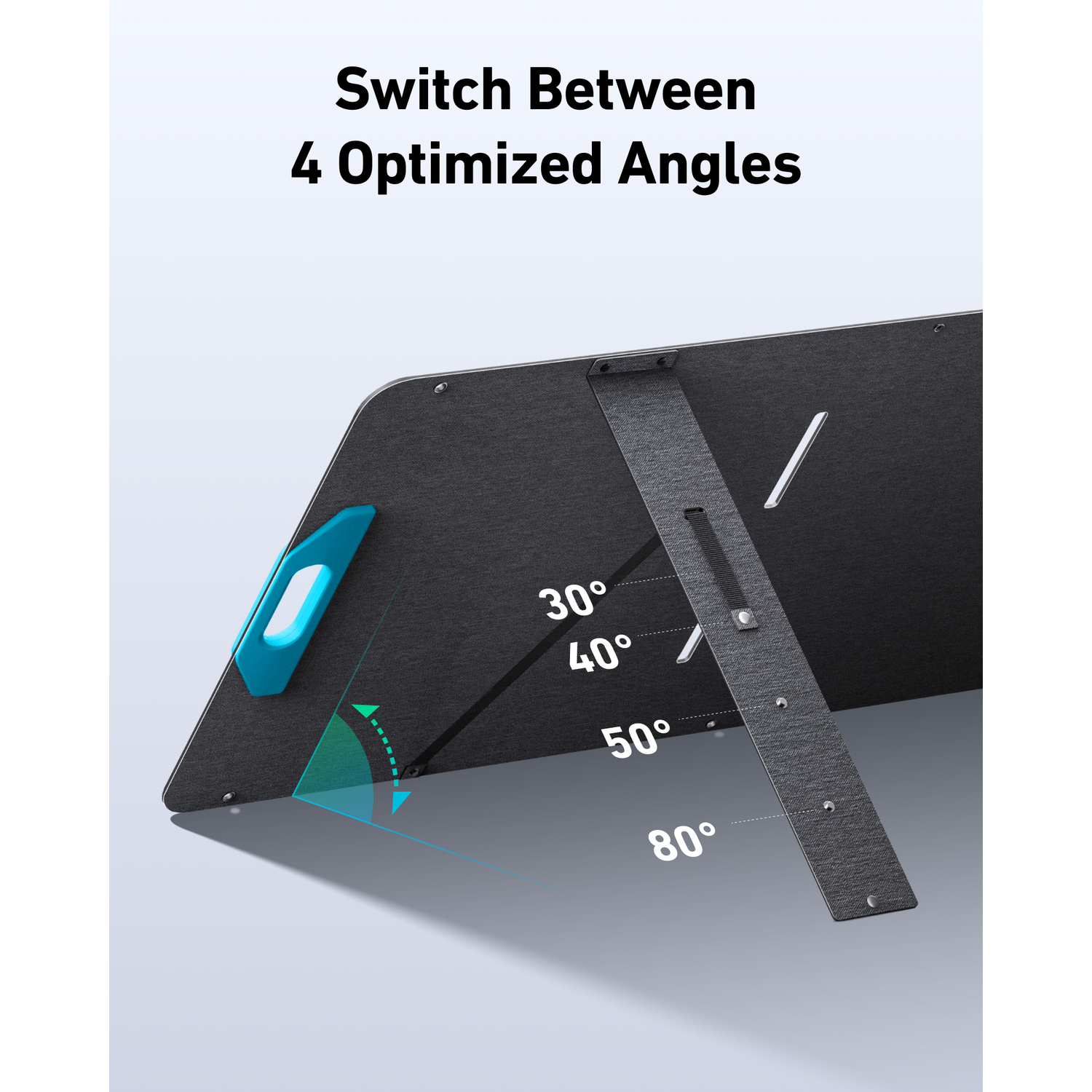 Un support d'ordinateur portable noir affiche des angles réglables : 30°, 40°, 50° et 80°. Une poignée bleu sarcelle et le texte 'Switch Between 4 Optimized Angles' sont présents.