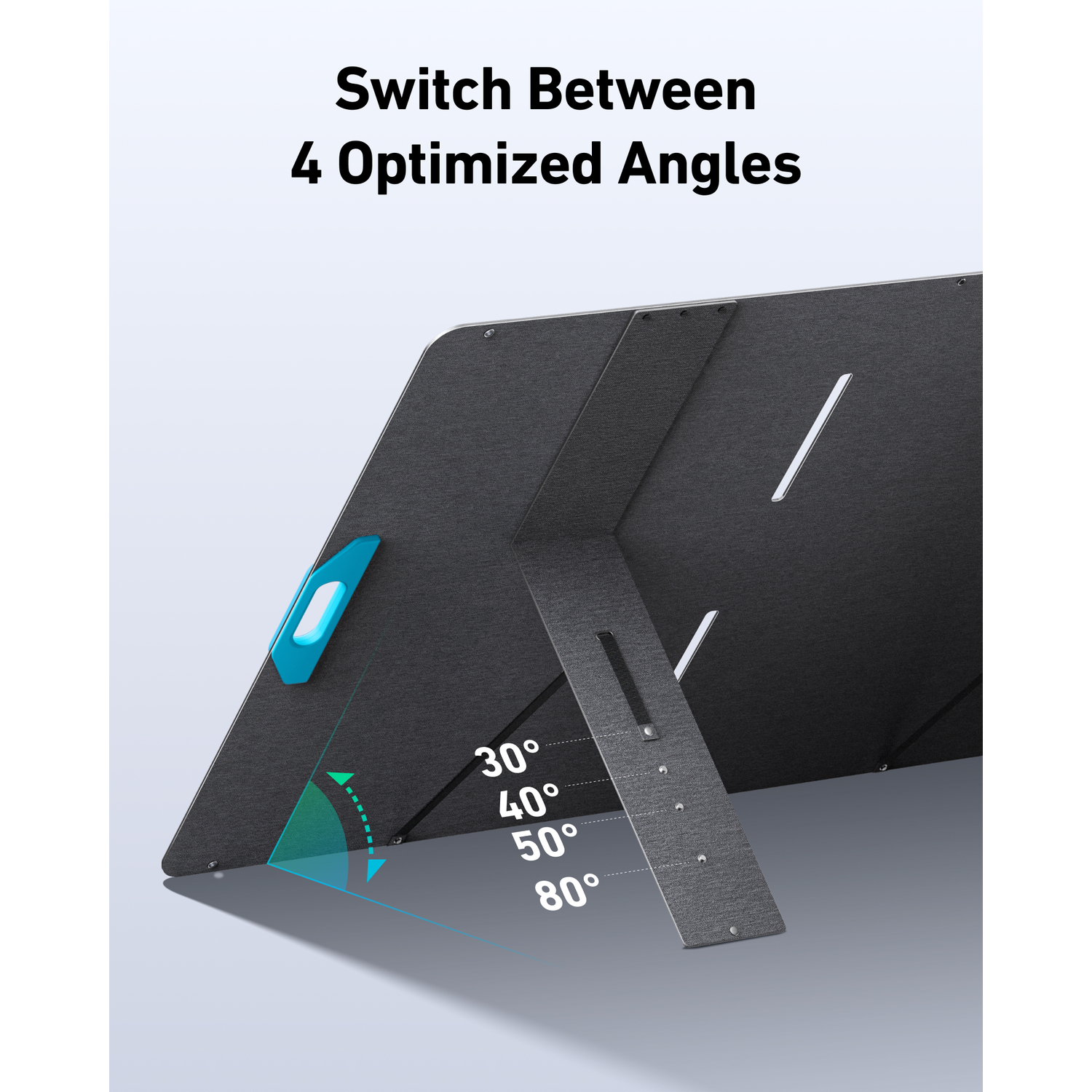 Un support de tablette noir avec des angles réglables est présenté. Le support est gris et possède une partie bleue réglable. Les angles sont de 30, 40, 50 et 80 degrés.