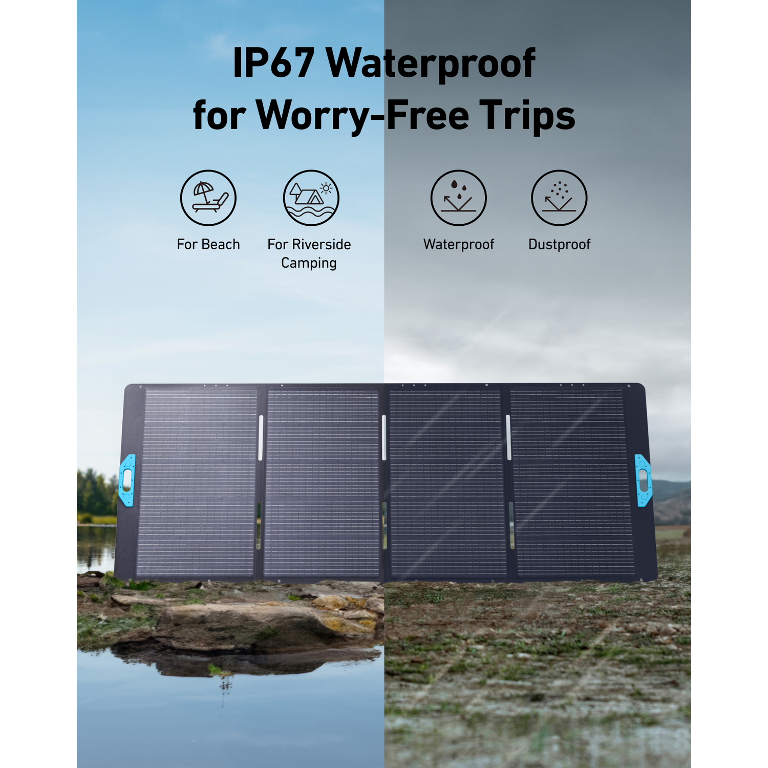Panneau solaire sur des rochers près de l'eau avec texte : IP67 étanche. Icônes pour plage, camping au bord de la rivière, étanche et anti-poussière.