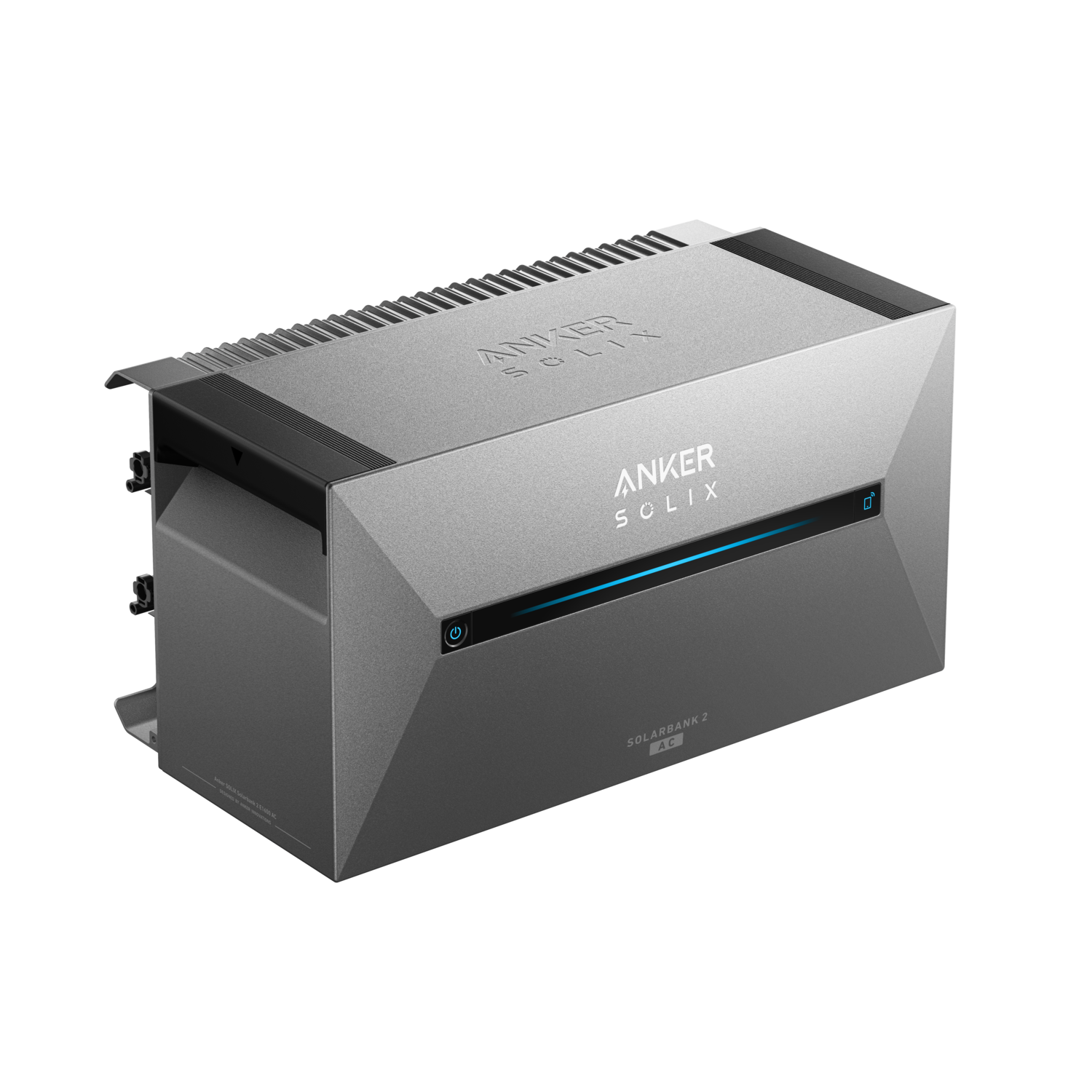 Anker Solix Solarbank 2 AC argenté sur fond noir. Il a un bouton d'alimentation, une lumière bleue et le logo Anker Solix.
