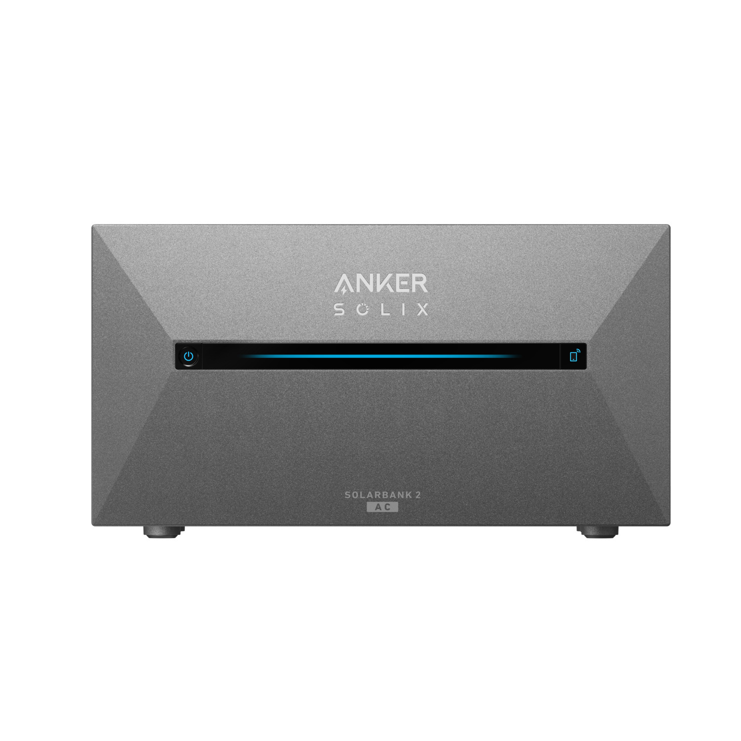 Anker Solix Solarbank 2 AC, appareil gris avec icônes d'alimentation et wifi, sur fond blanc.