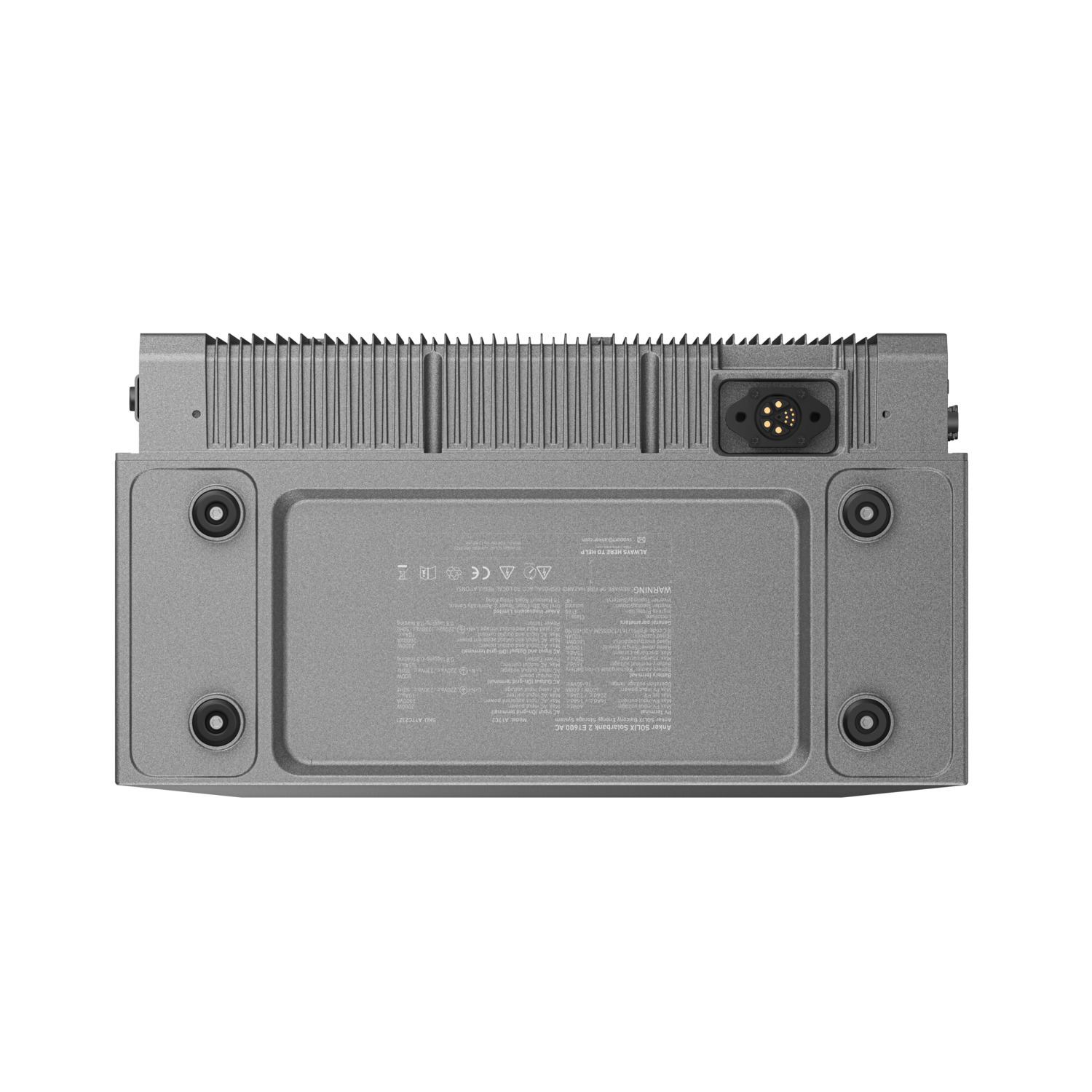 Appareil rectangulaire gris avec le dessus strié. Comprend plusieurs connecteurs circulaires et une étiquette avec du texte.