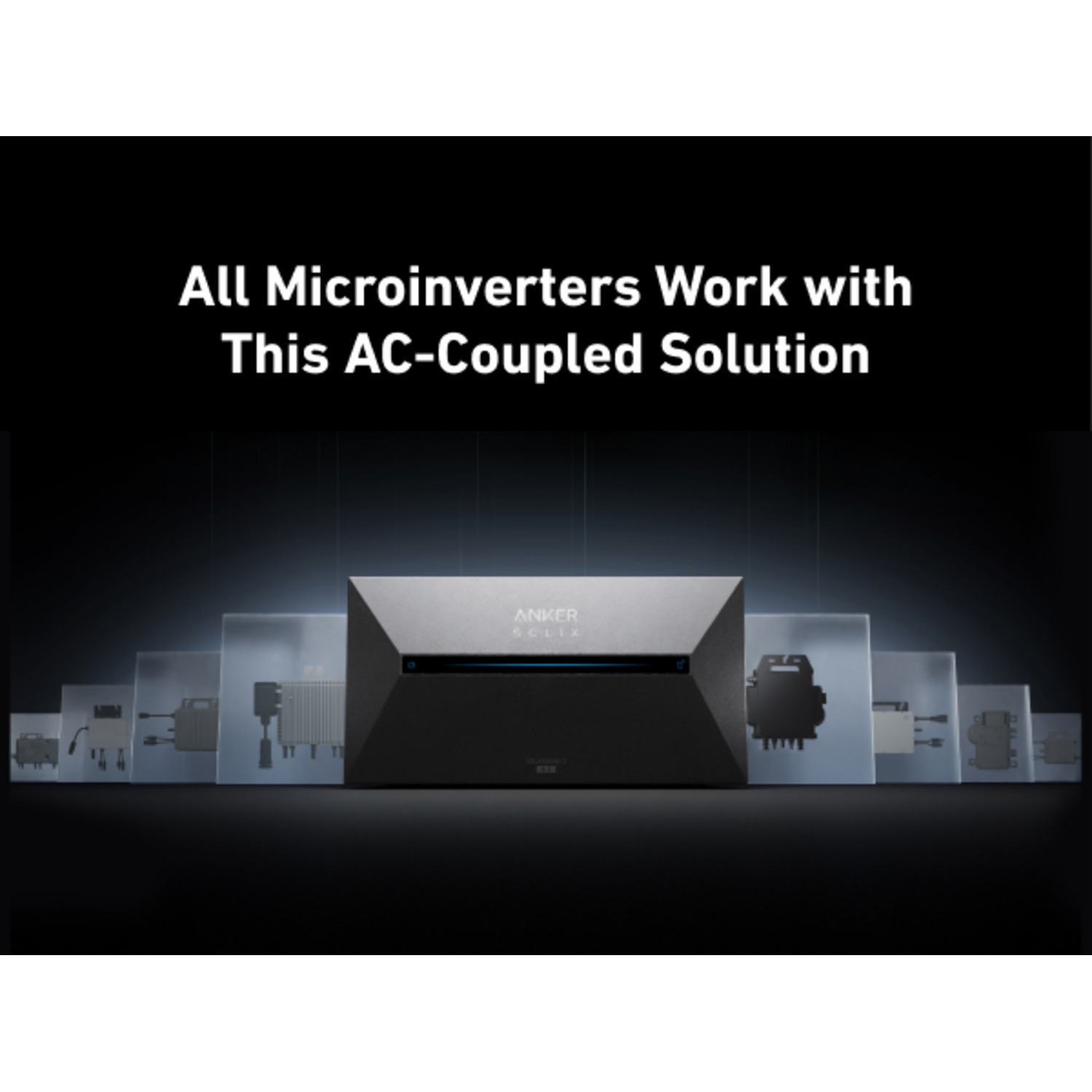 Solution couplée AC Anker avec micro-onduleurs en arrière-plan. Texte : Tous les micro-onduleurs fonctionnent avec cette solution couplée AC.