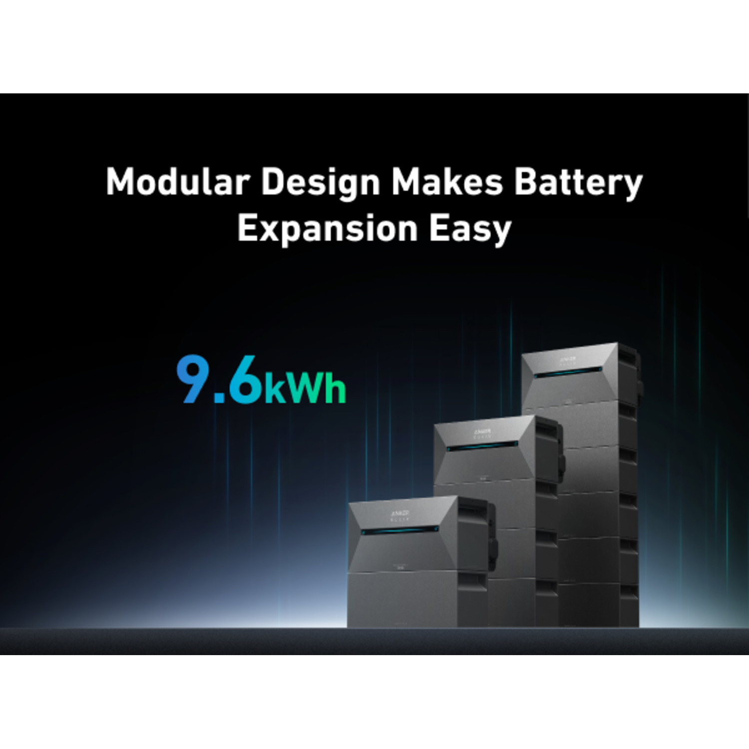 L'image montre une conception de batterie modulaire, avec le texte 'Modular Design Makes Battery Expansion Easy' et '9.6kWh'. Trois batteries empilées sont visibles.