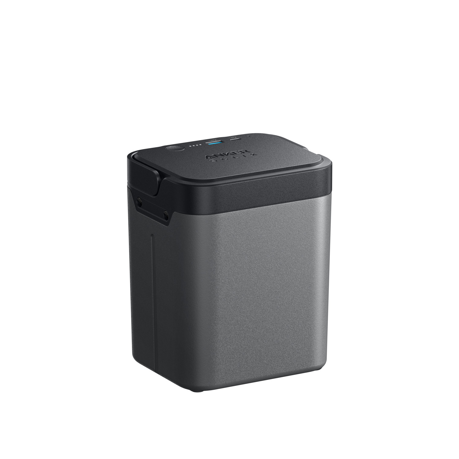 Une batterie externe grise Anker avec un dessus noir, sur fond blanc.
