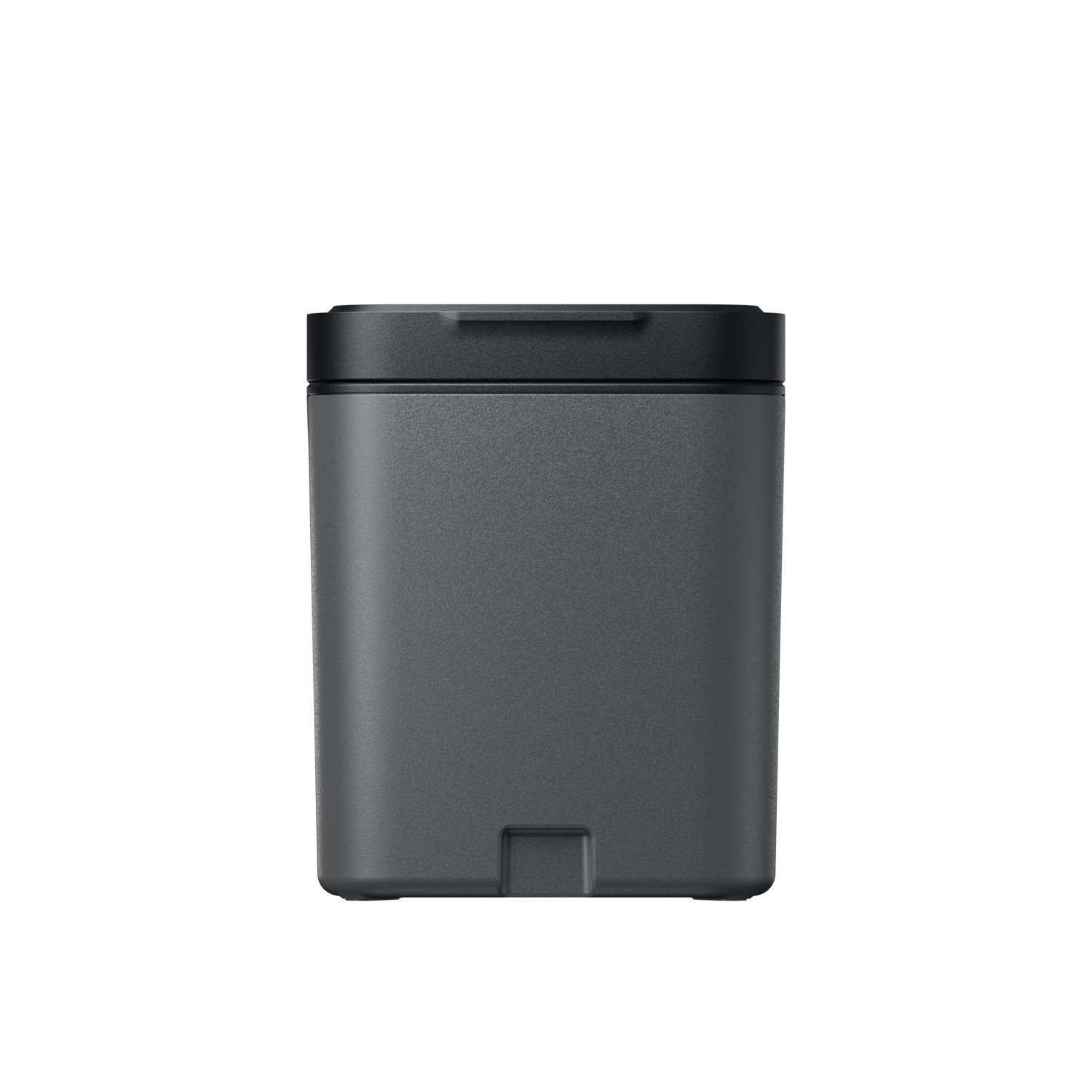 Un appareil gris rectangulaire avec un dessus noir et une petite encoche en bas. Le fond est blanc.