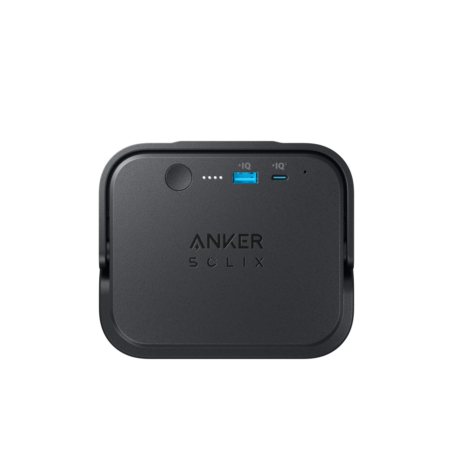 Batterie externe noire Anker SCLIX sur fond blanc. Elle possède un bouton, des ports et des voyants. Le logo Anker est visible.