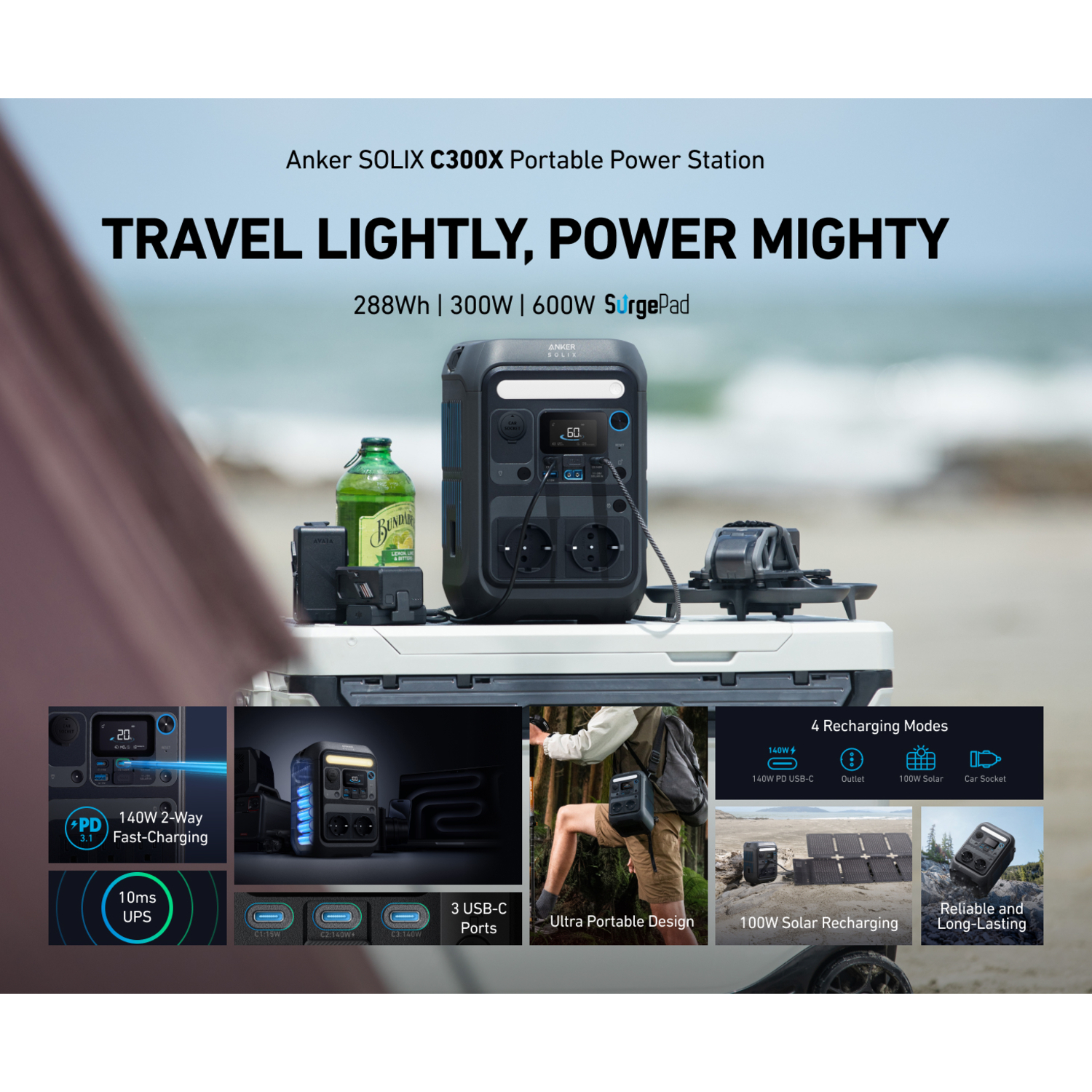 Anker SOLIX C300X portable power station. Black device with screen, bottle, and additional features on a white surface.