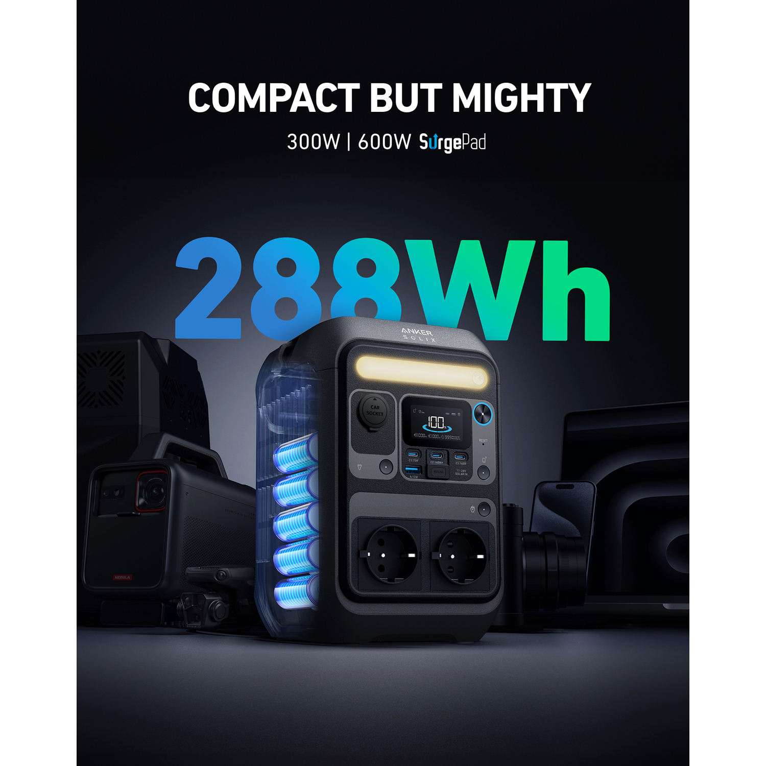 Black portable power station with screen and ports, showcasing internal batteries. Other devices surround it, with the text '288Wh'.