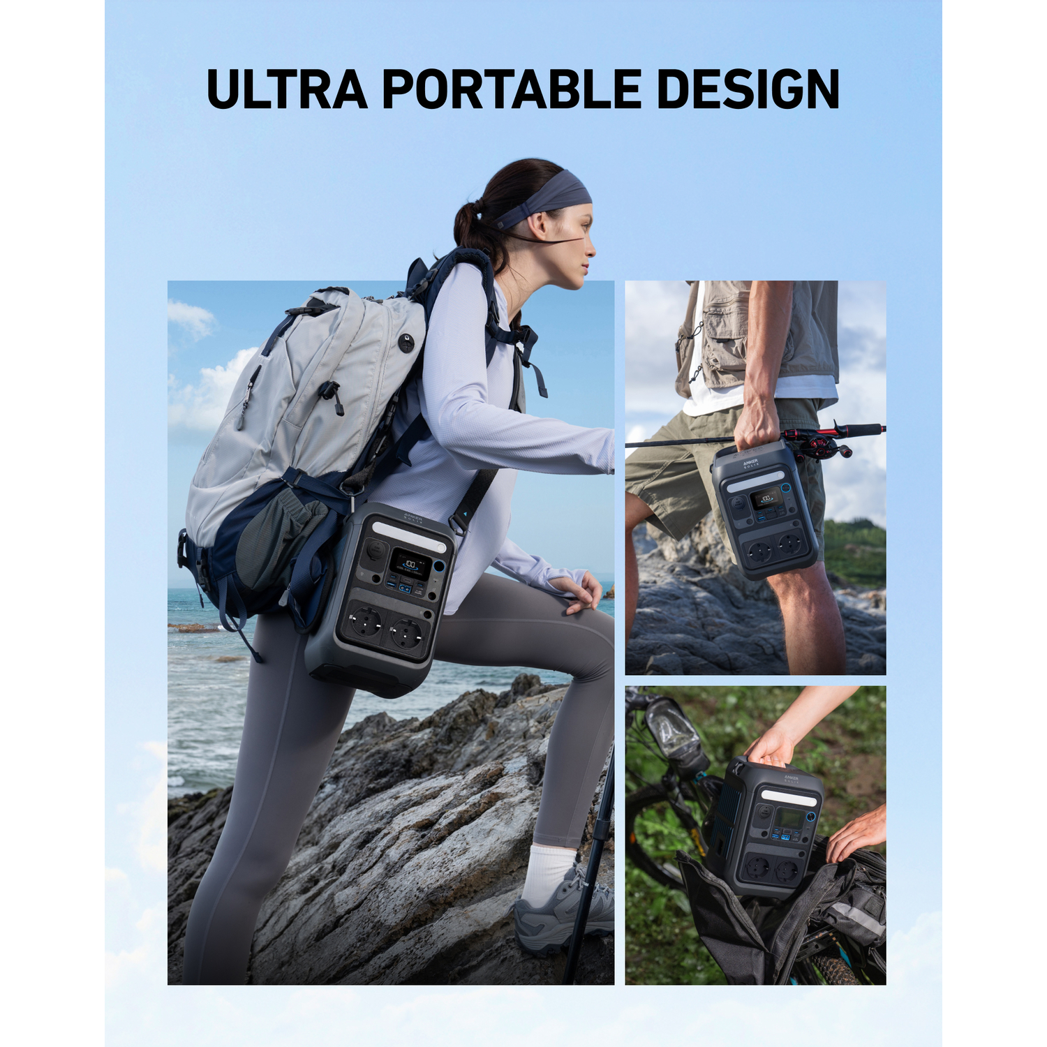 Image shows people using a portable power station outdoors. People hike, fish, and bike with the power station.