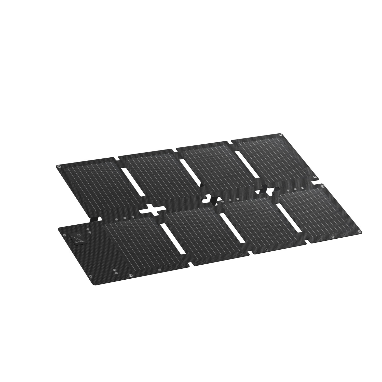 Black solar panel array, folded open.  Panels are rectangular with parallel lines. White background.