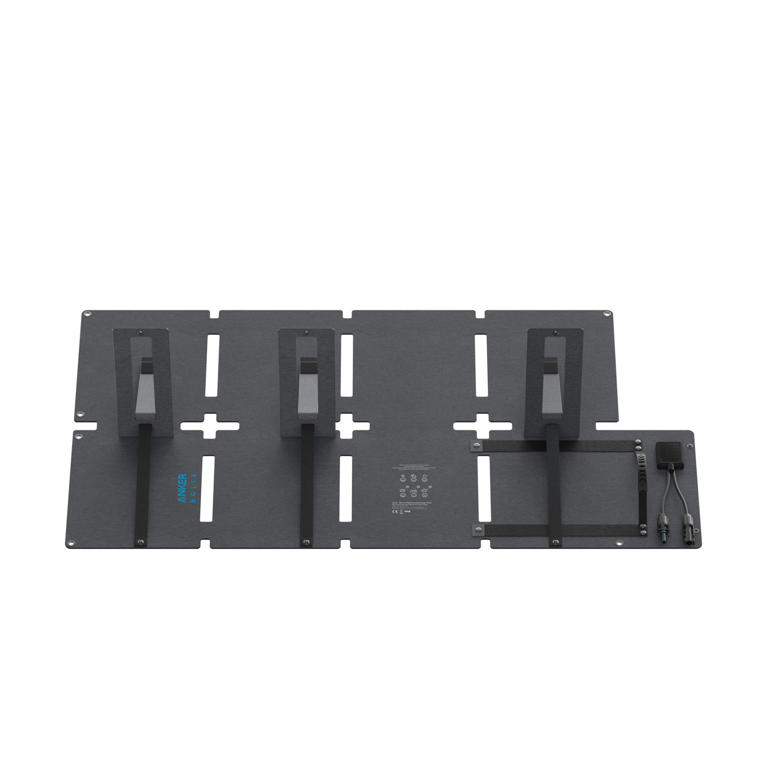 Anker Solix solar panel, gray, unfolded. Rectangular panels with support straps and connection points.
