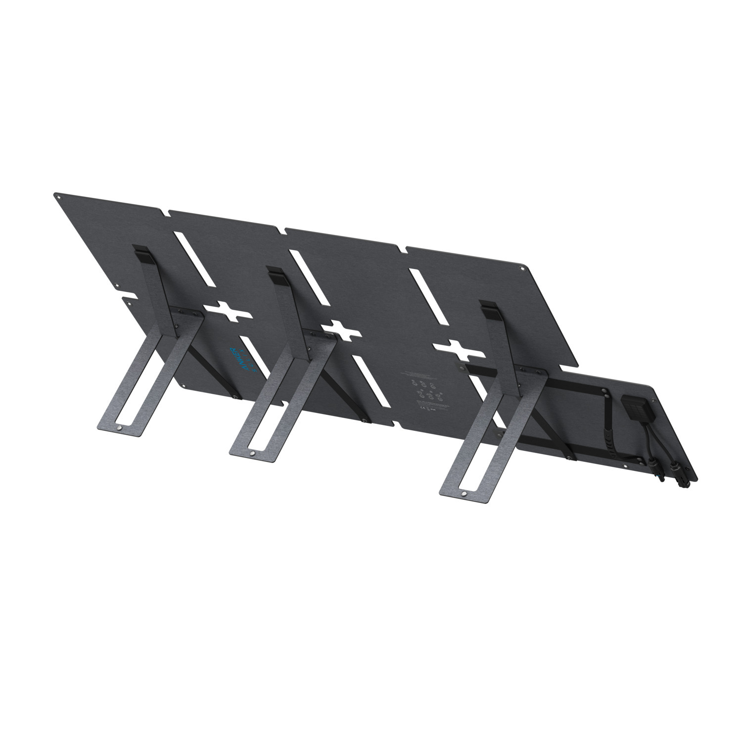 A black, foldable solar panel is propped up by metal legs. The panels are angled, and have white cutouts and the Anker logo.