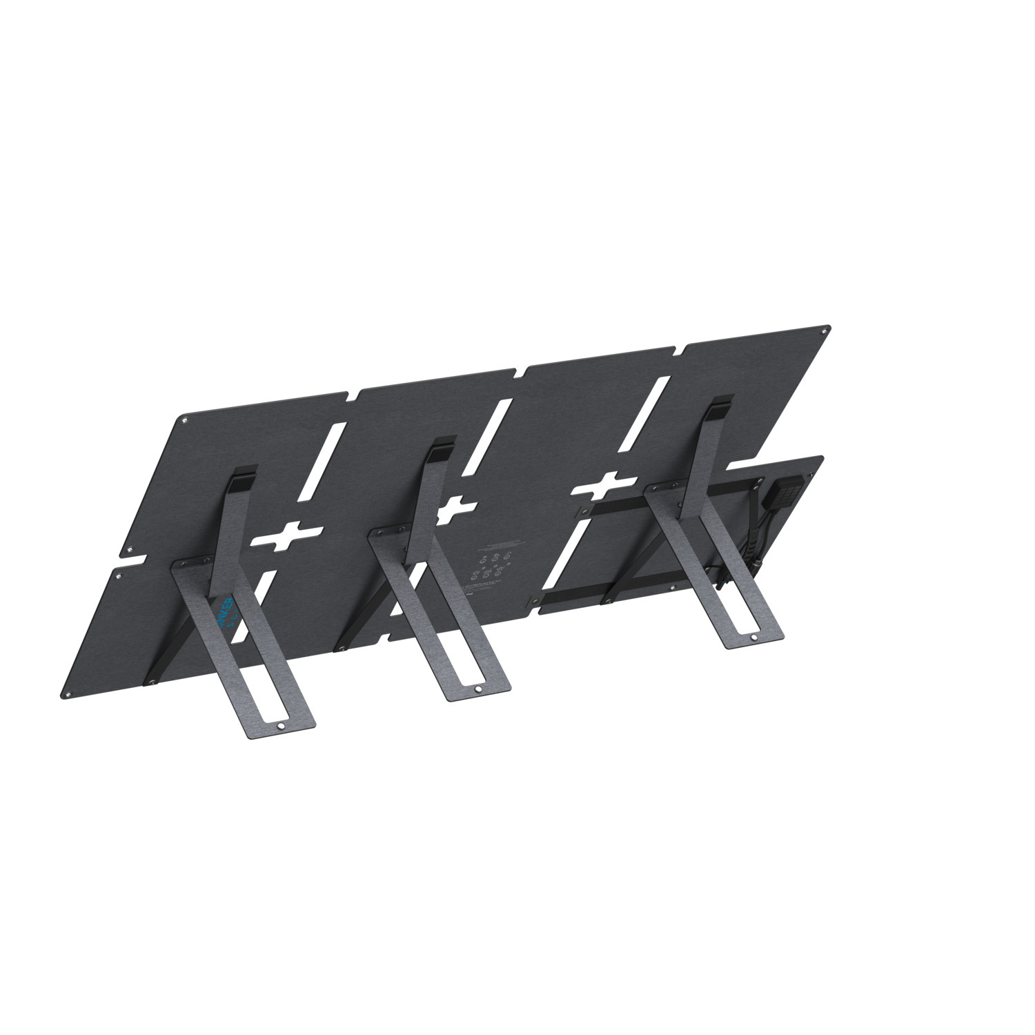 A black foldable solar panel, propped up by metal stands, against a white background. It has multiple sections and slots.