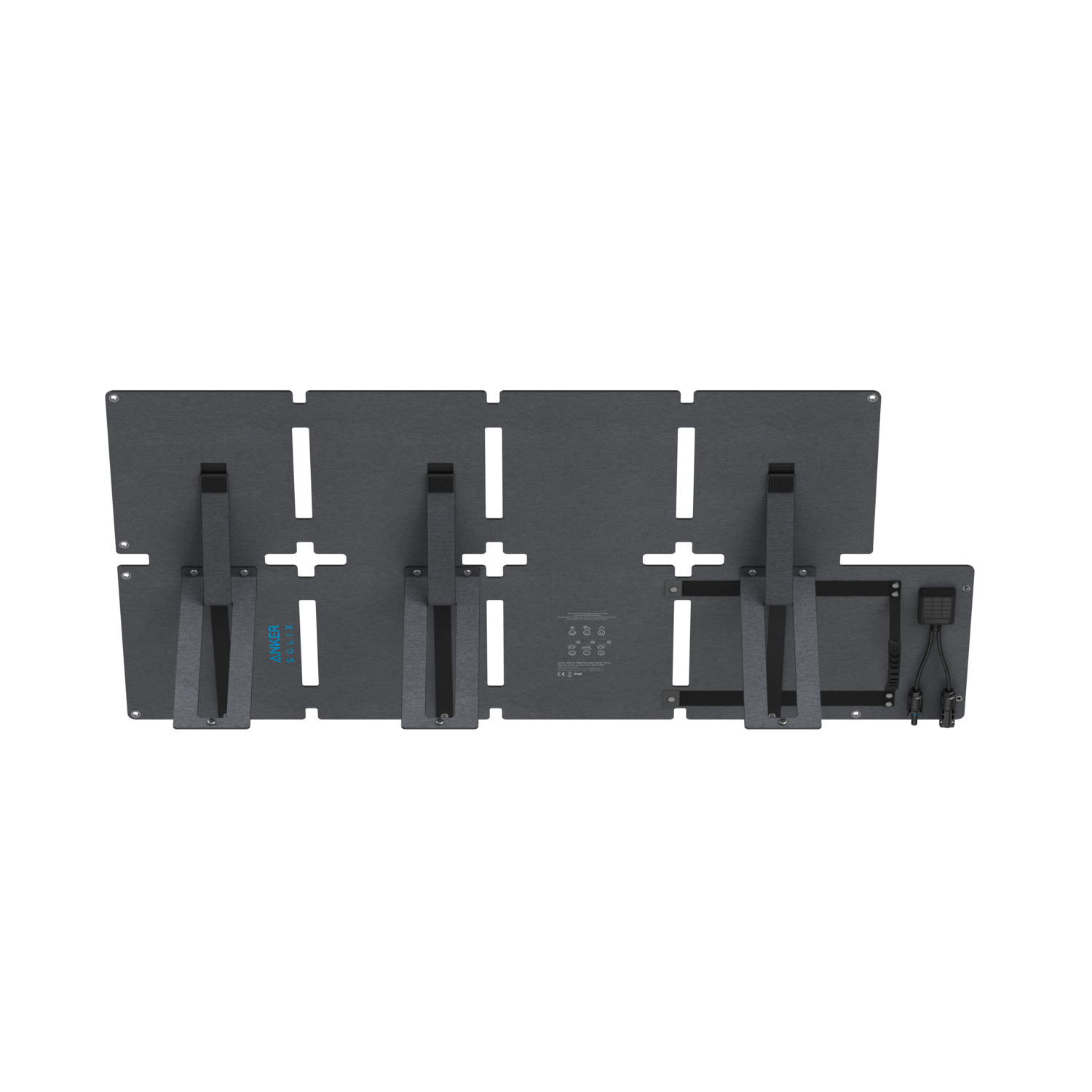 Gray solar panel set, folded. It is designed with foldable panels, supported by metal stands, and a control unit. White background.