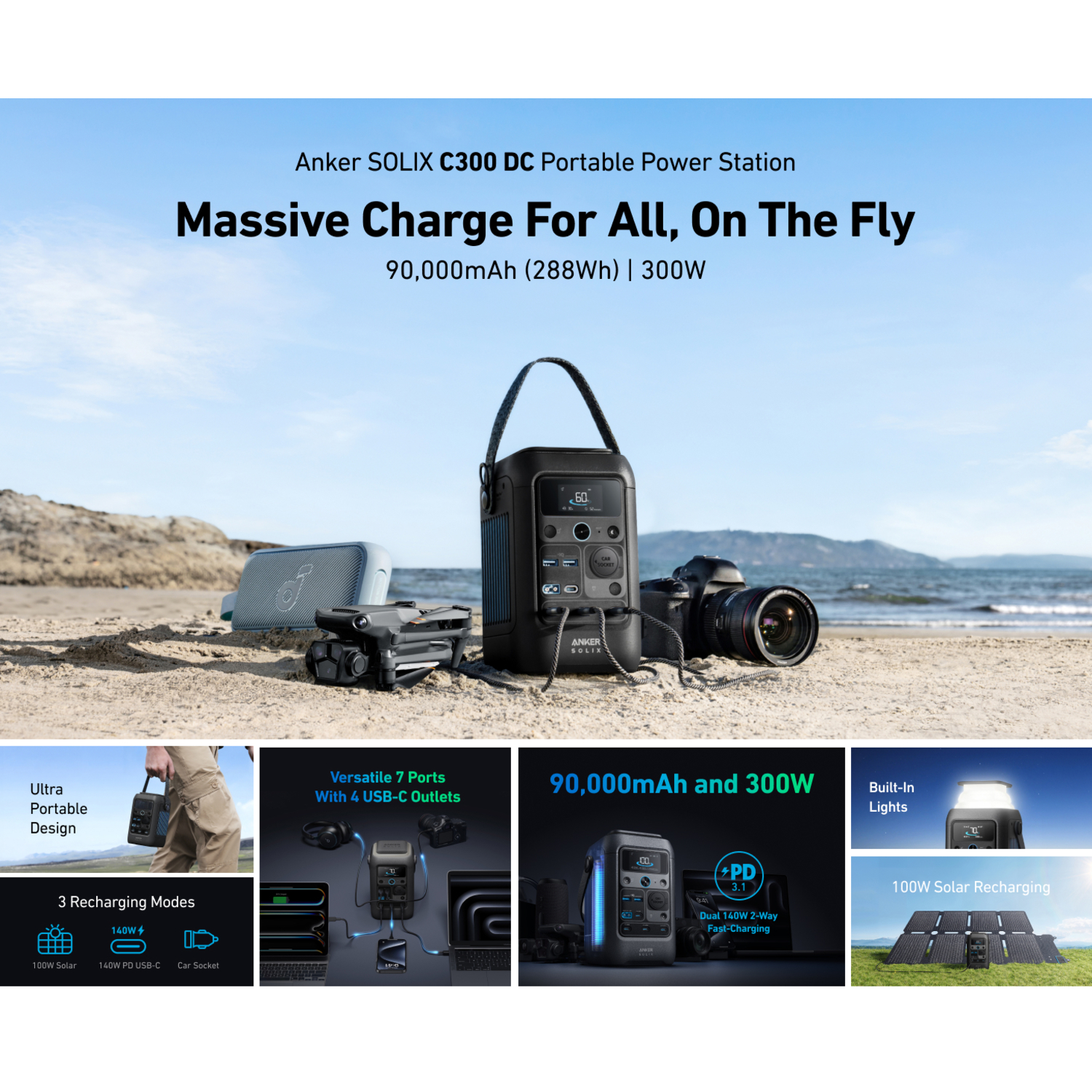 Anker SOLIX C300 power station on beach. Includes drone, camera, speaker. Offers 90,000mAh, 300W, 7 ports, and solar charging.