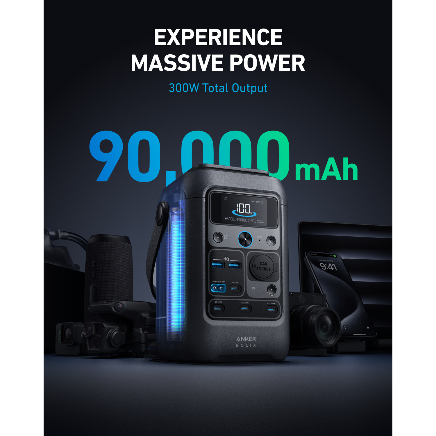 Anker SOLIX power station with 90,000 mAh, surrounded by devices. The screen shows 100% charge. Text states 'Experience Massive Power'.