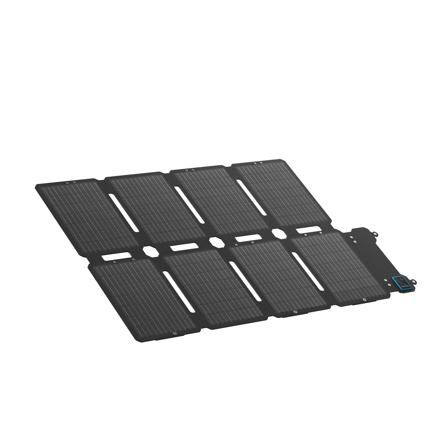 Panneau solaire pliable, noir avec cellules grises, sur fond blanc. Il possède un connecteur bleu.