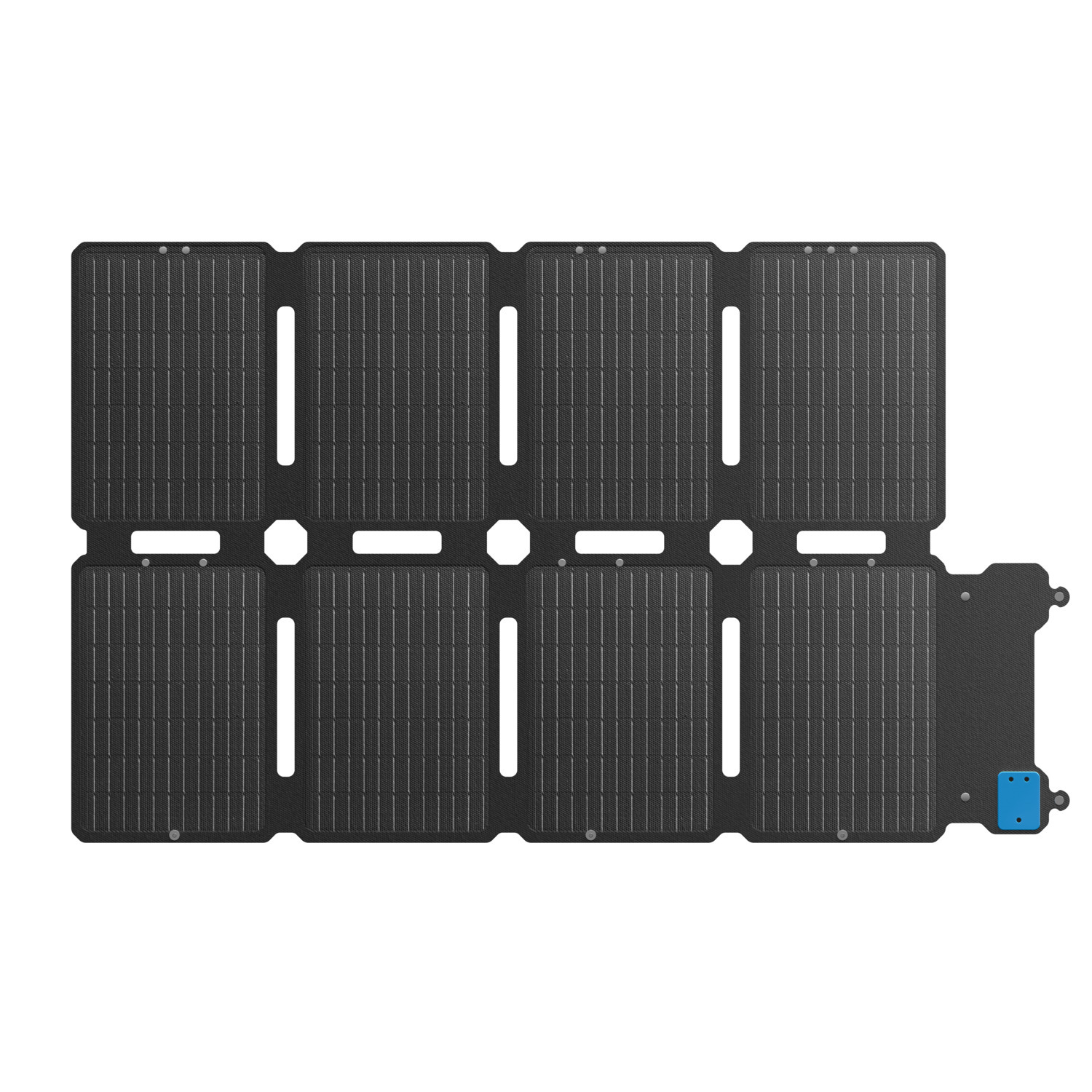 Panneau solaire noir avec plusieurs sections rectangulaires. Un connecteur bleu se trouve sur le côté droit.