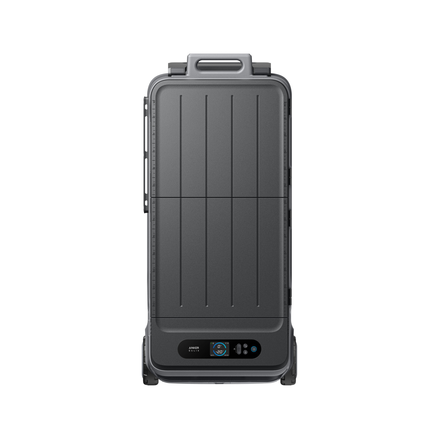 A gray Anker Solix cooler isolated on white. It has a handle, wheels, and a display showing temperature.