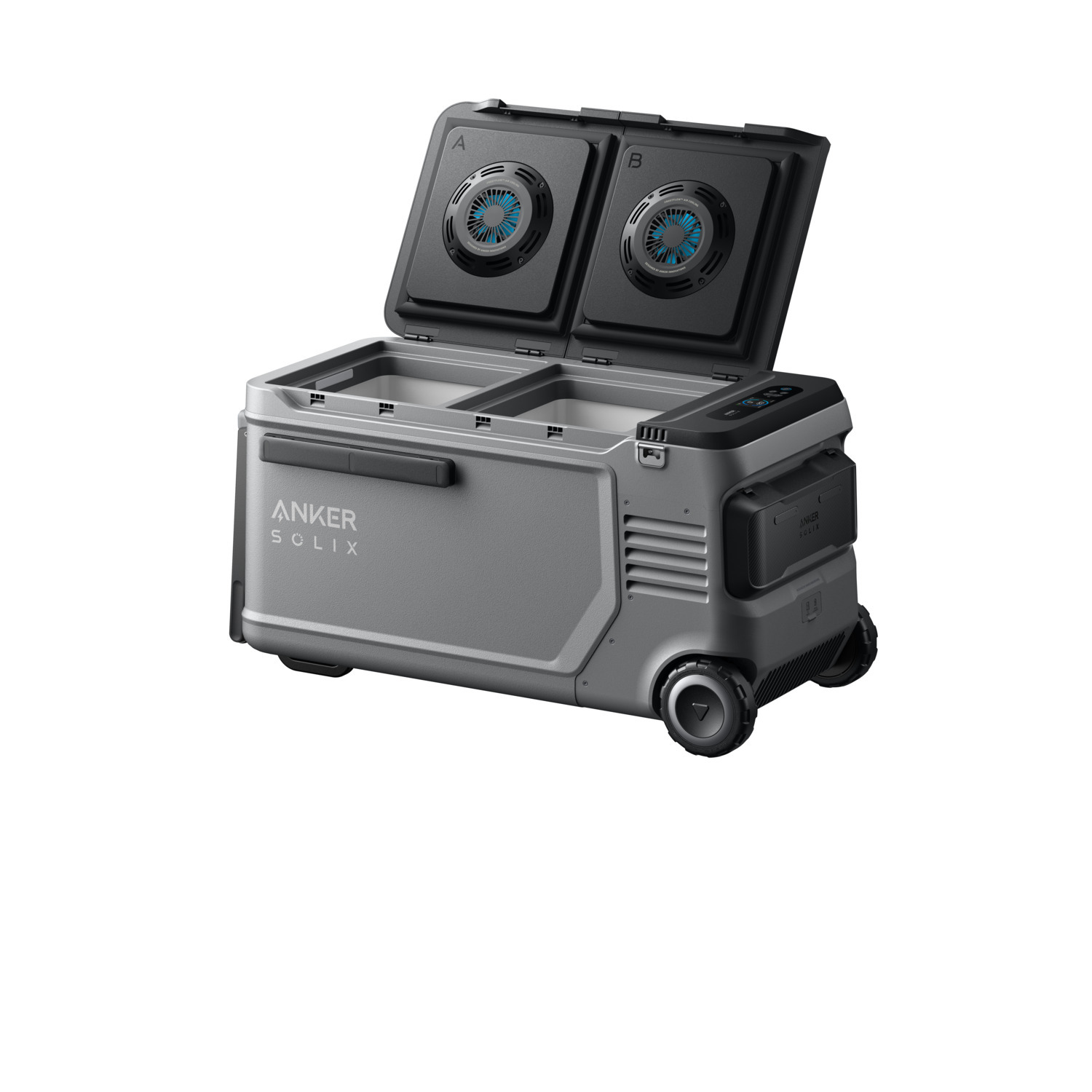 Gray Anker Solix cooler with open top, revealing two compartments with fans. It has wheels and a control panel.