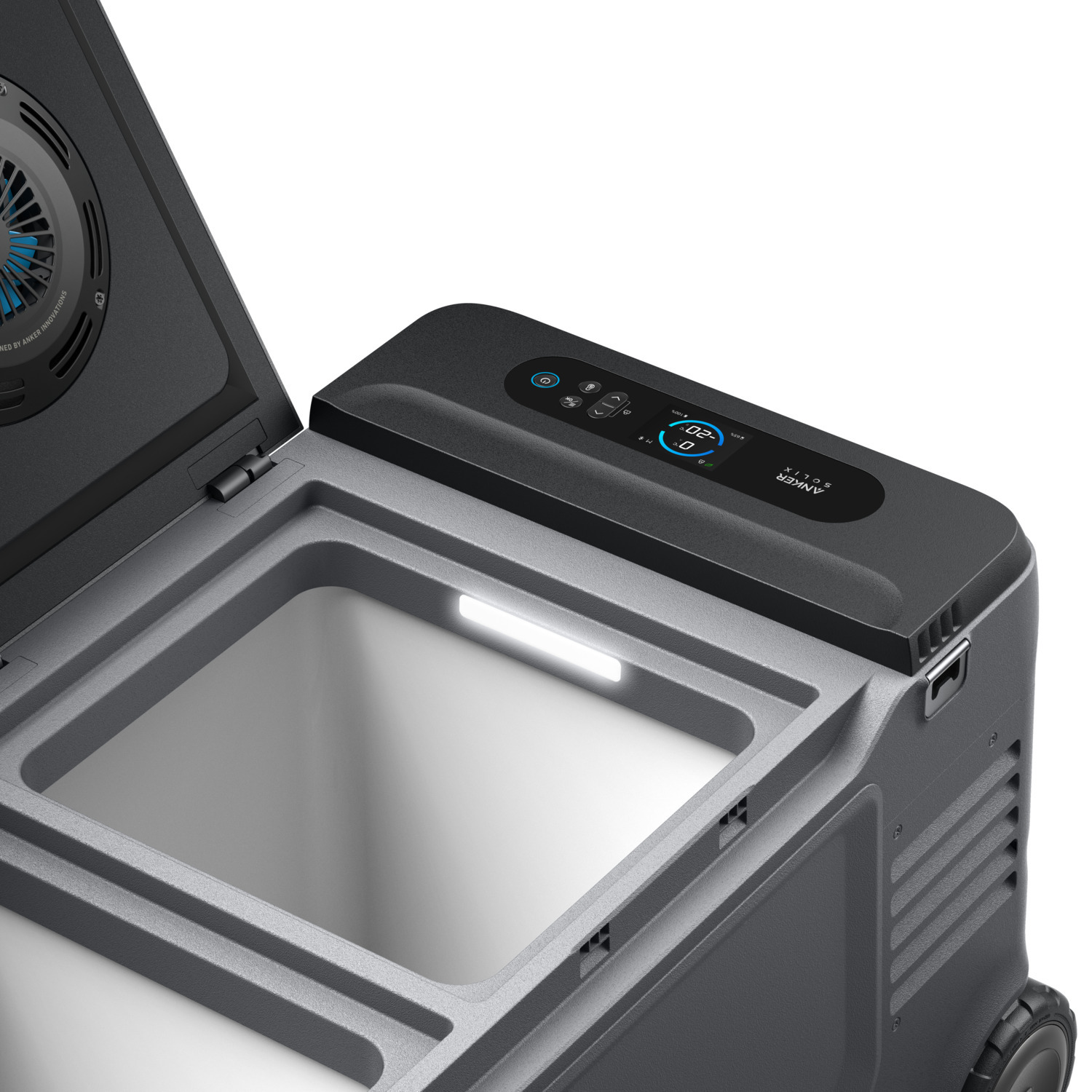 Anker Solix cooler, open. Gray exterior, white interior. Display shows temperature, buttons on top. Lid open, revealing inside.