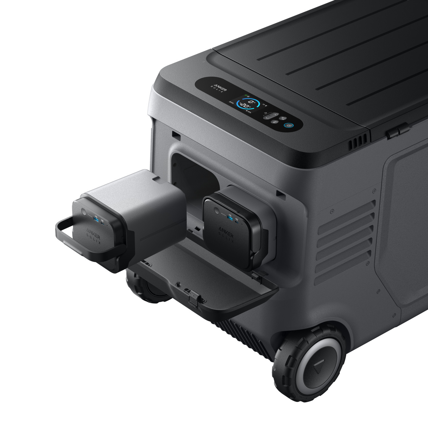 Anker Solix portable power station. Gray unit with black top and side compartments.  Internal battery and display visible.