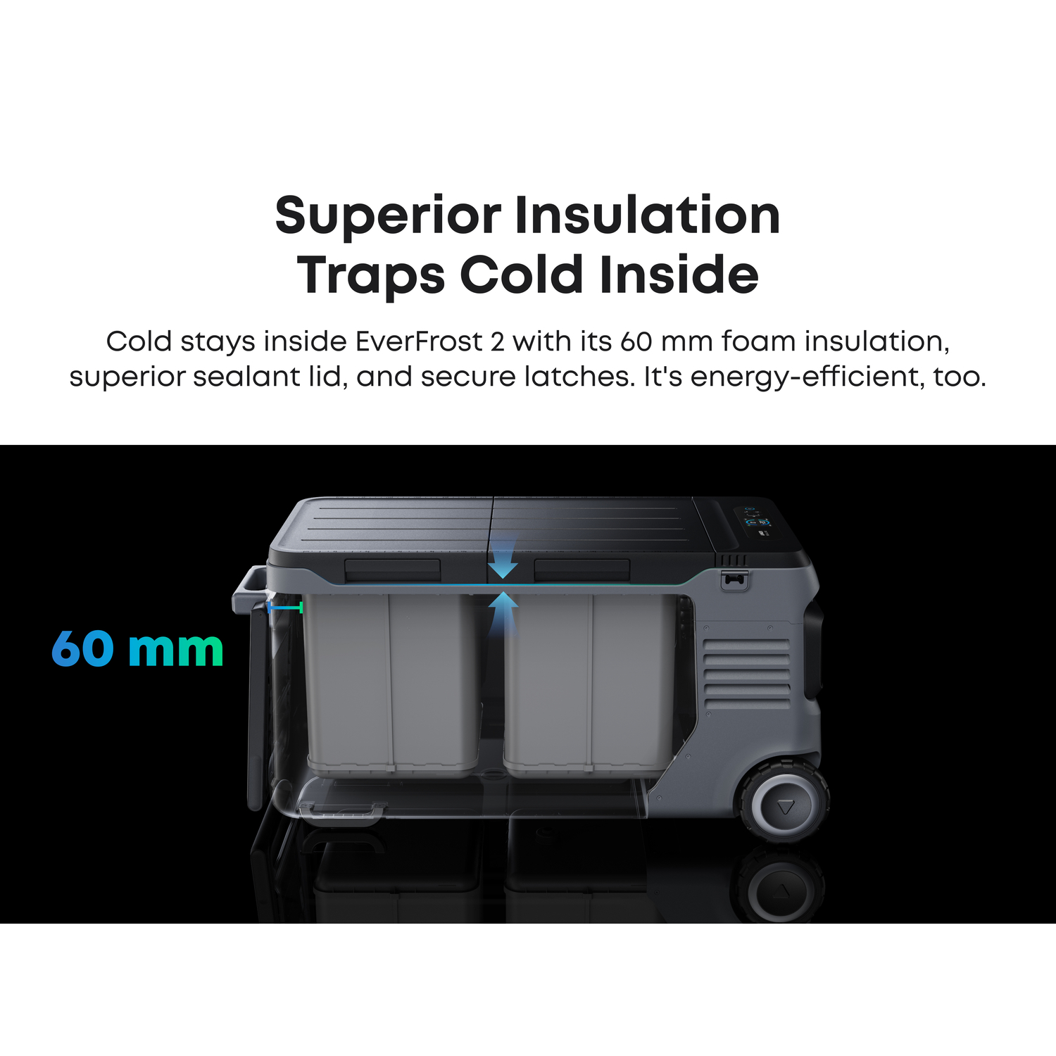 A gray EverFrost 2 cooler with a black lid and wheels. Text says, 'Superior Insulation Traps Cold Inside'.
