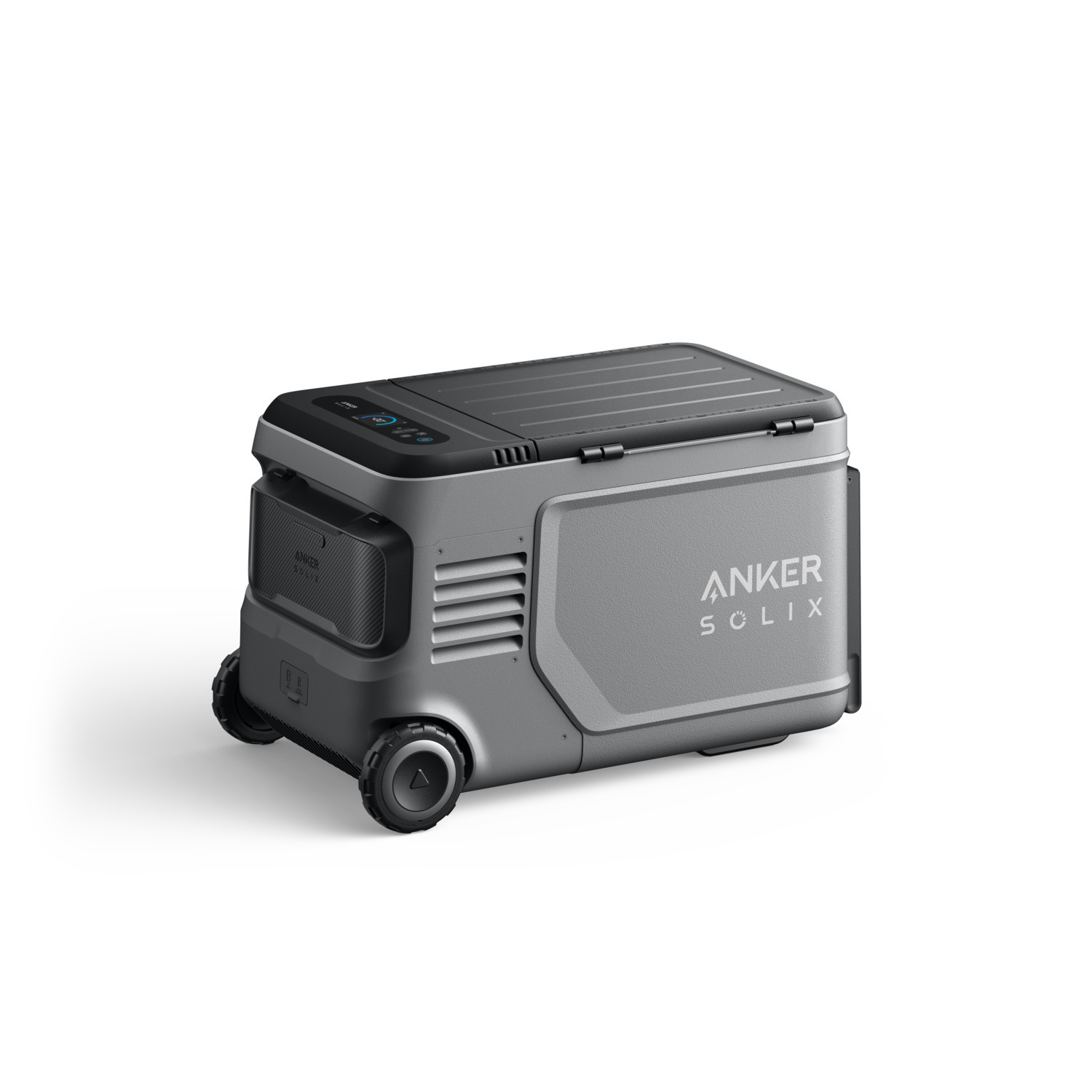 A gray Anker Sclix cooler on wheels. It has a black top with control panel. The background is white.