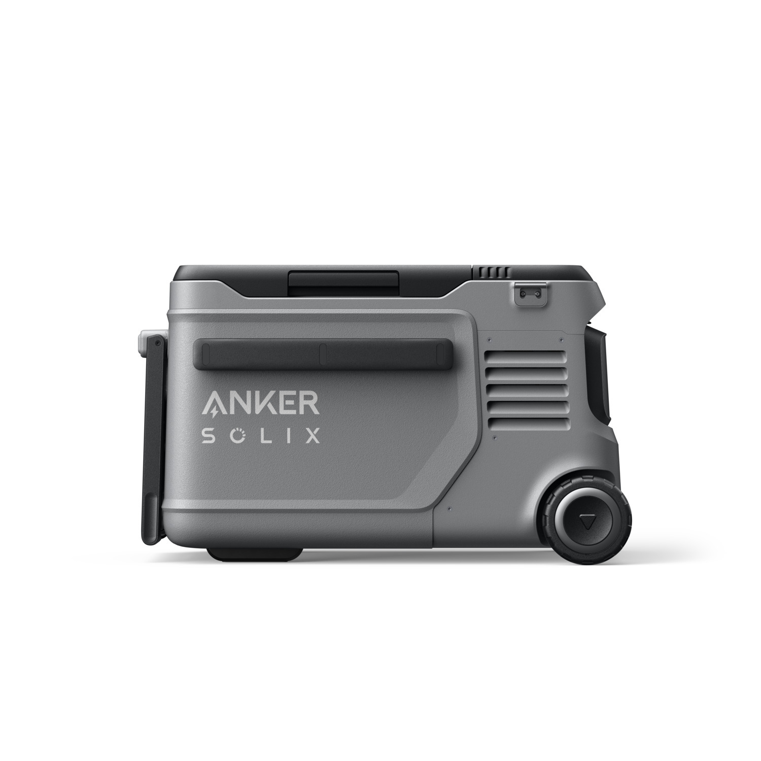 Gray Anker Solix portable power station on white background. Has handle, wheels, and side vents.