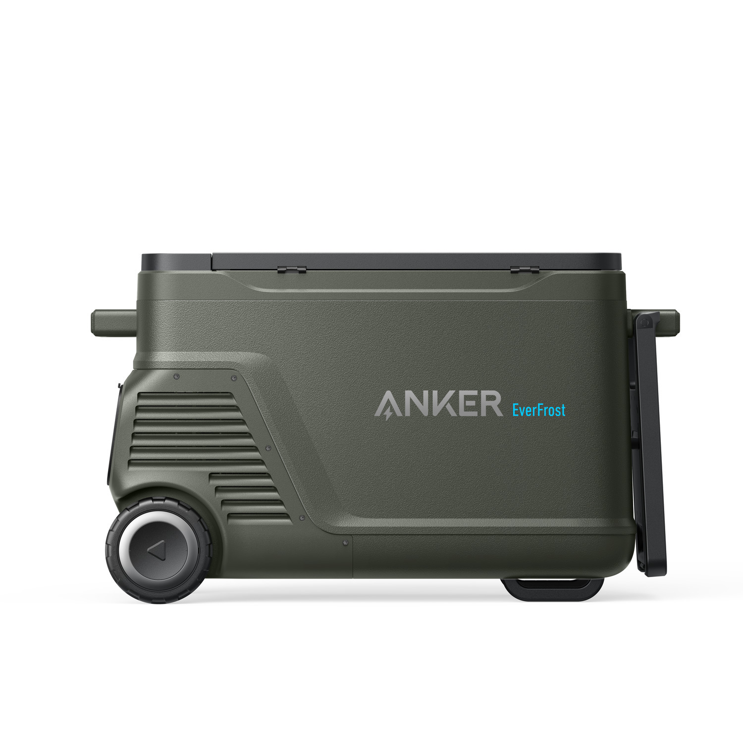 Green Anker EverFrost cooler. Black lid and handles. Wheels on one side, handle on the other. White background.