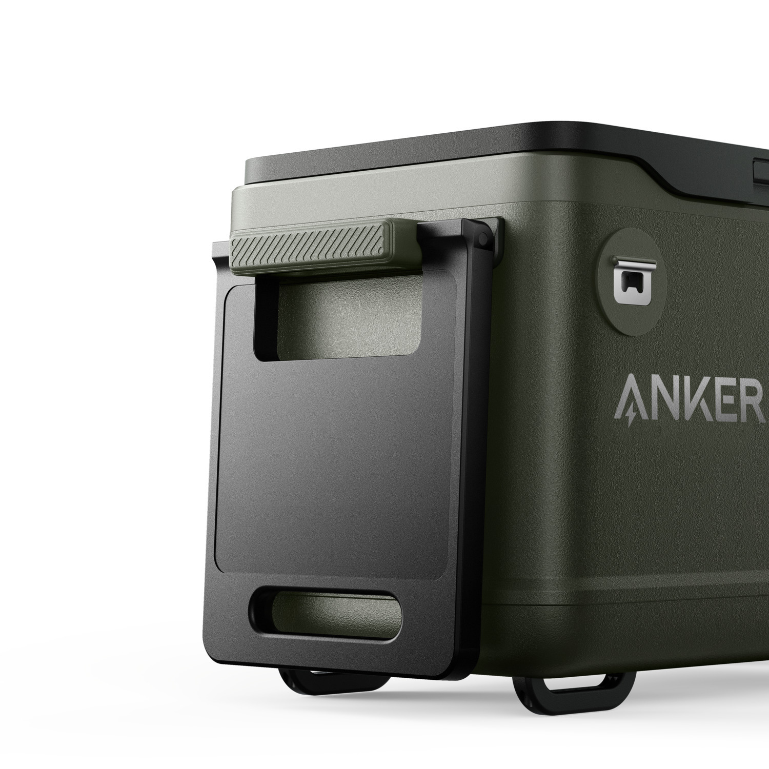 Anker portable power station, olive green, black handle and accents. White background. Anker logo visible.