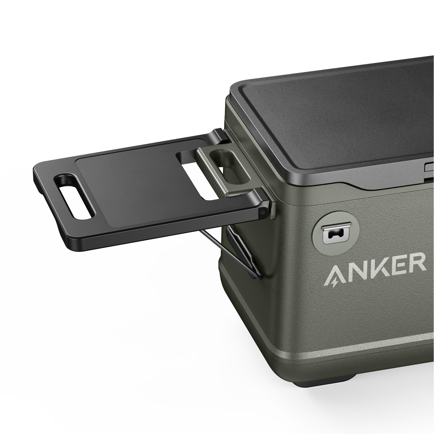 Anker cooler with black tray. Olive green body, black lid. Tray is extended. White background.