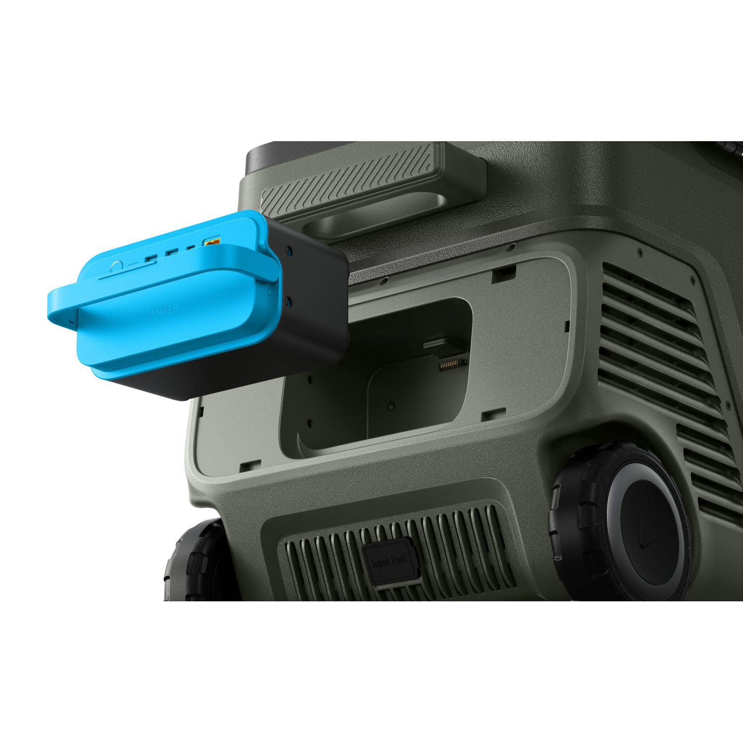 A portable power station with a detachable blue power bank. The station is dark green and has wheels. The power bank is black.