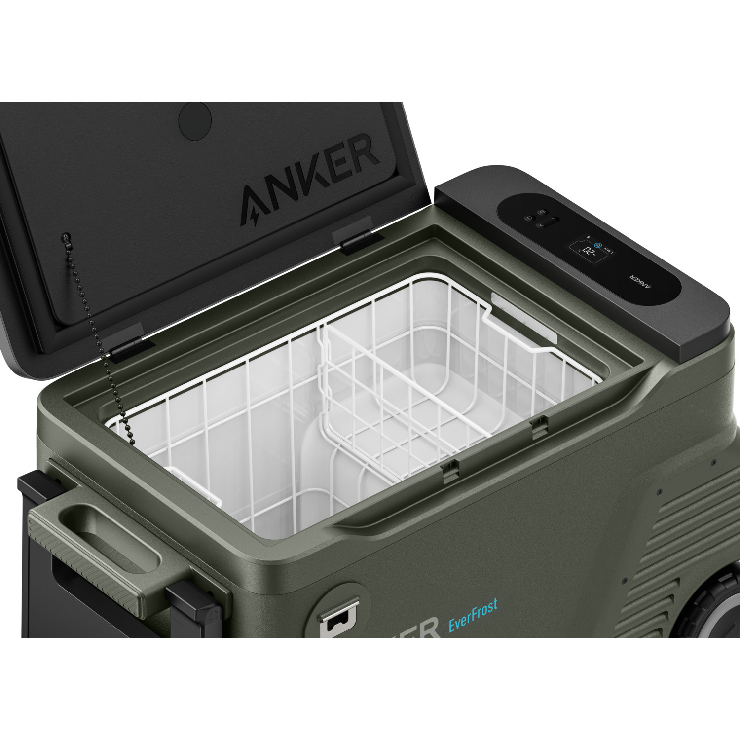 Open Anker EverFrost cooler. Green cooler, black lid with ANKER logo, white interior, digital display, and handle.