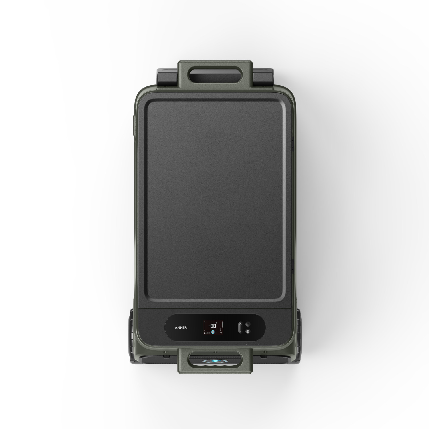 Top view of a dark green Anker cooler on white. It has a black surface with a digital display showing -88.
