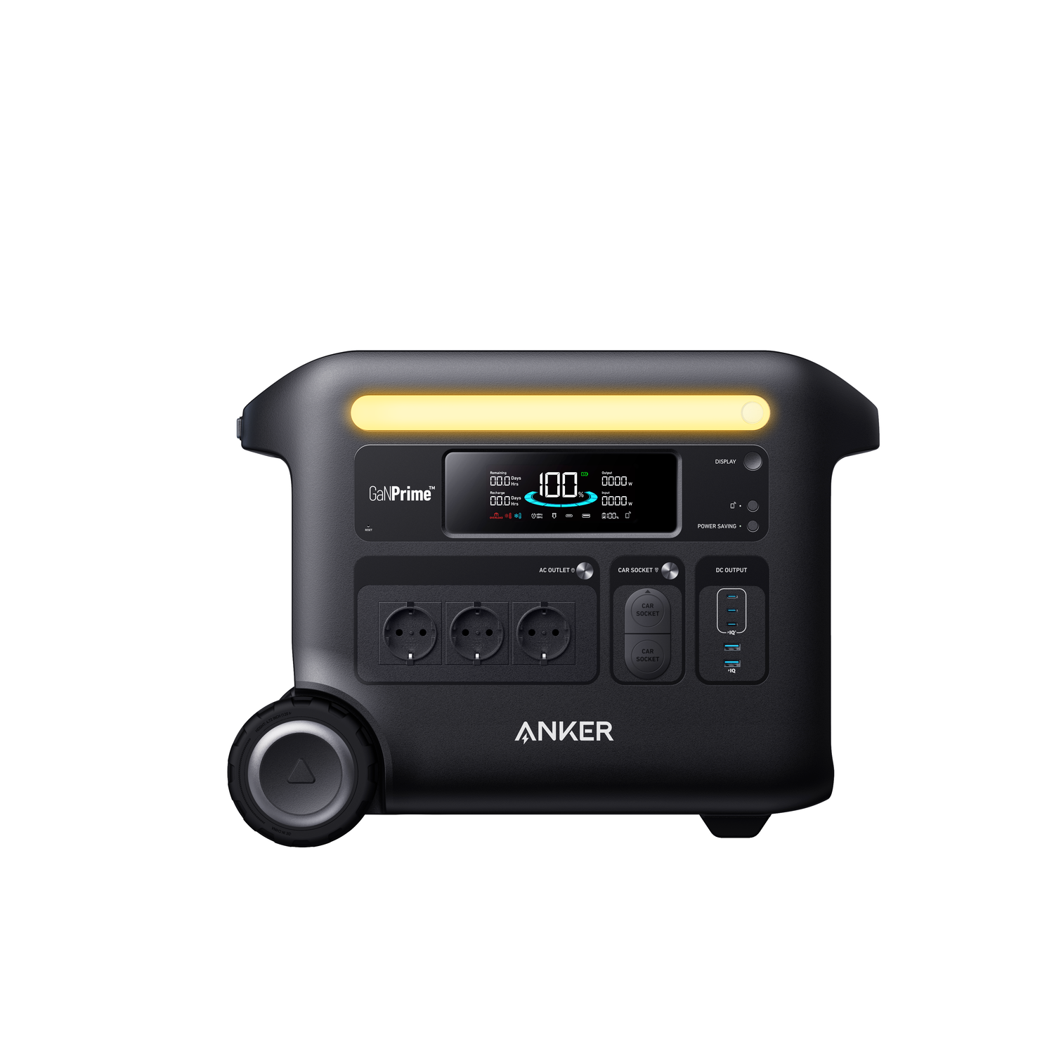 Black Anker GaNPrime portable power station. It has a screen, AC outlets, car sockets, and DC outputs. White background.