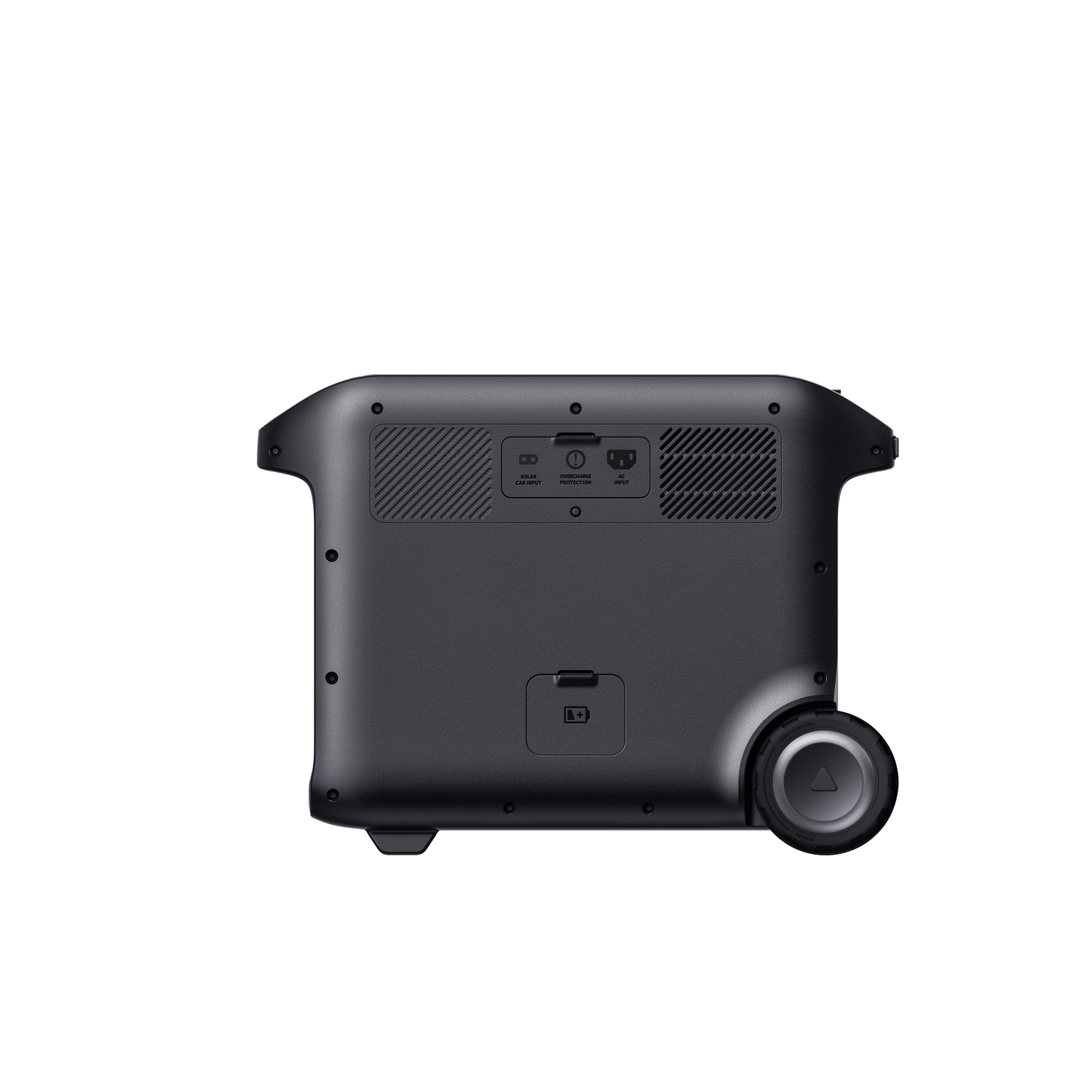 A dark gray power station with several input ports, a wheel, and control buttons on a white background.