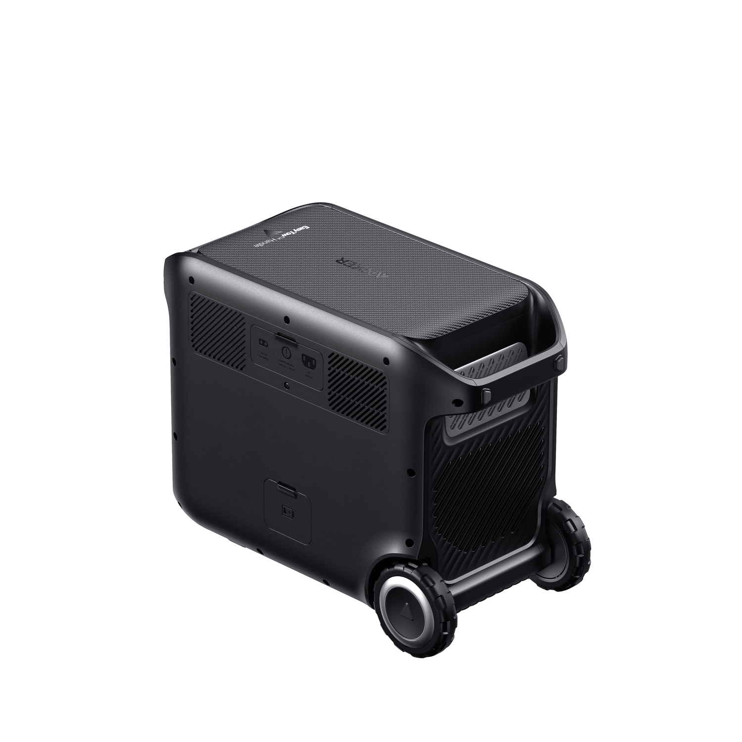 Black portable power station on white. It has wheels, handle and textured top. Side has ports and buttons. 