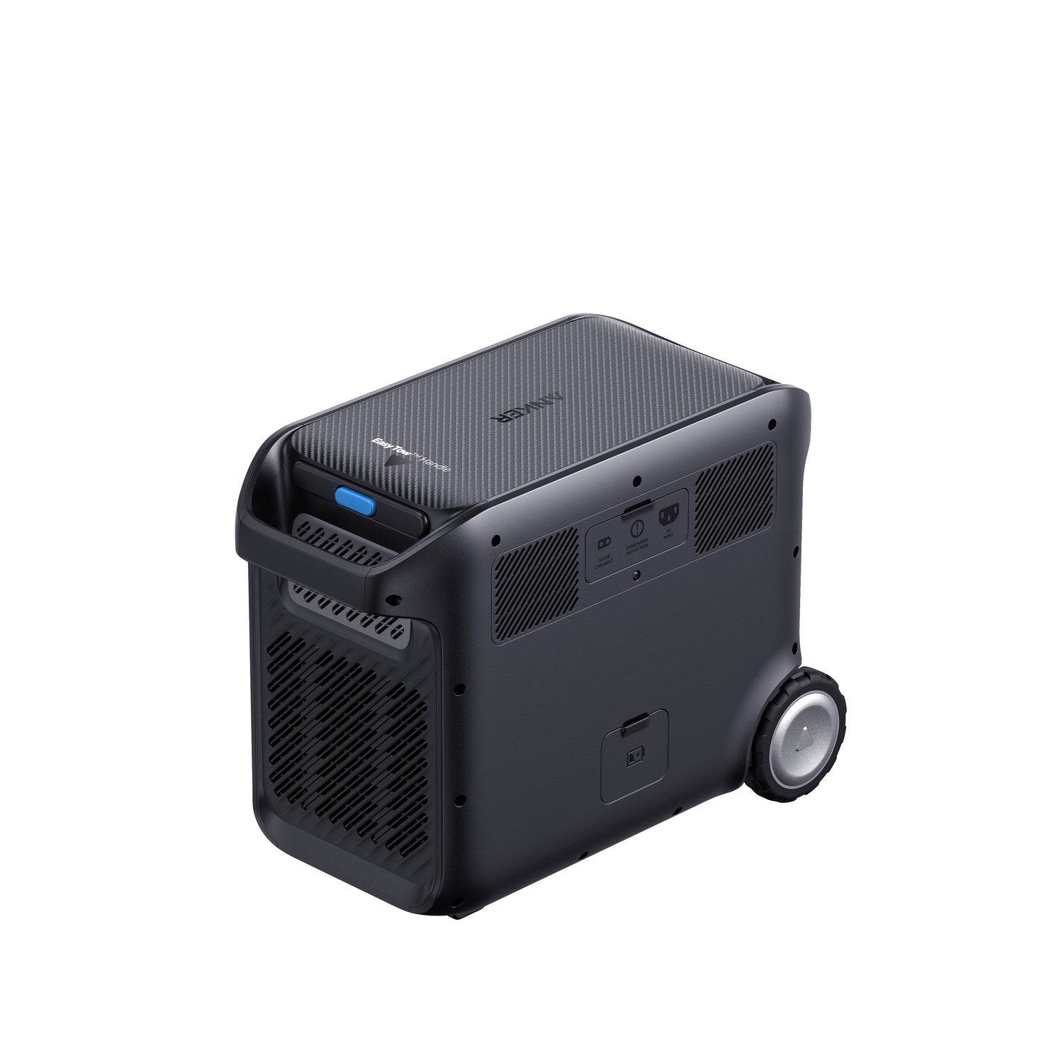 A black portable power station with a handle and wheels. It has buttons and an AC input. The background is white.