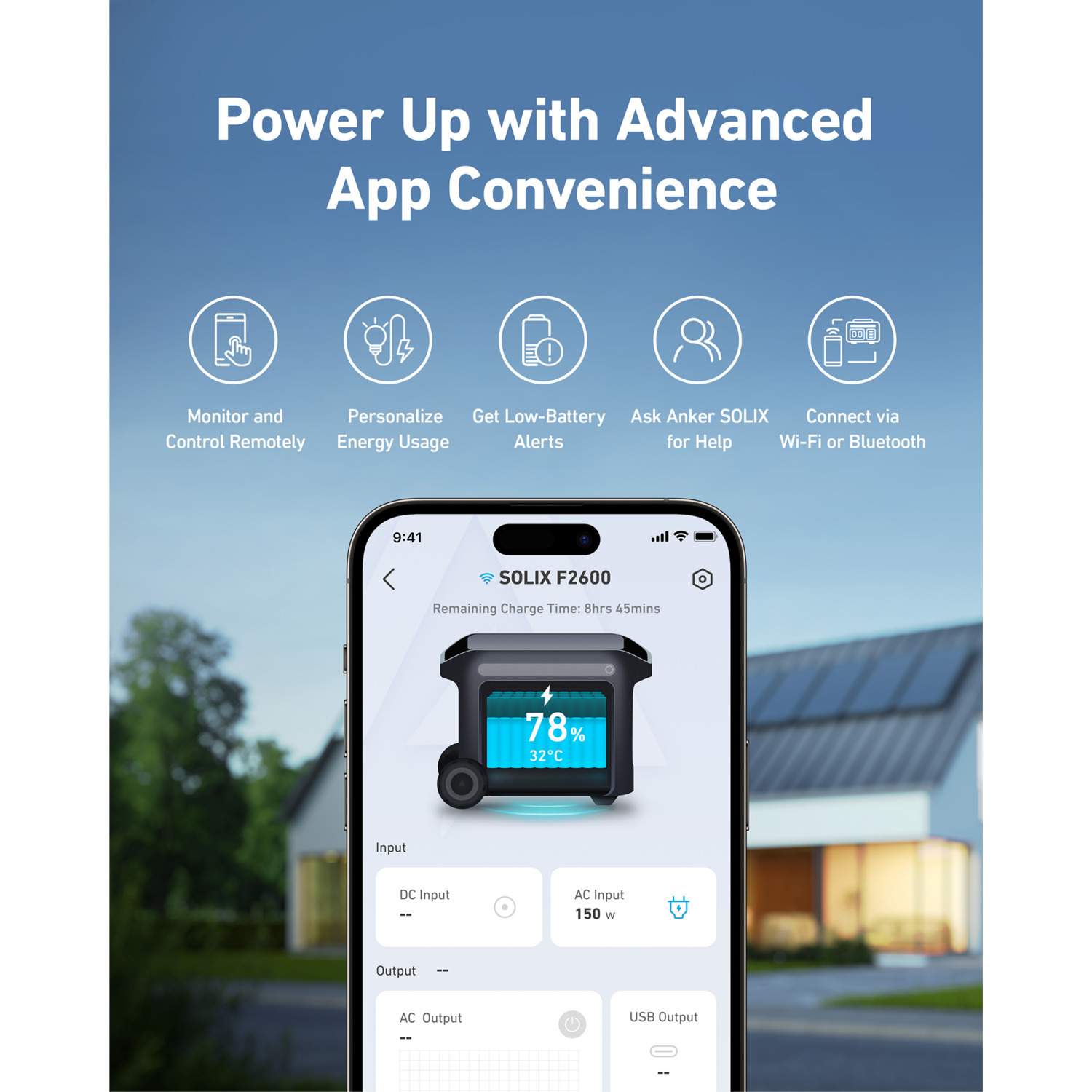 Un téléphone affiche une interface d'application avec des informations sur la batterie. Les icônes ci-dessus détaillent les fonctionnalités de l'application. L'arrière-plan montre une maison.