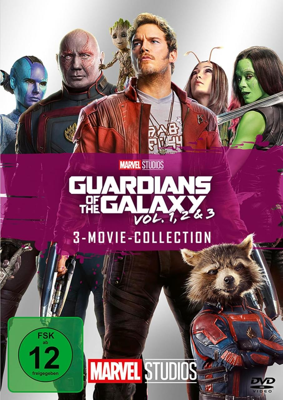 Filmplakat für Guardians of the Galaxy. Charaktere sind Star-Lord, Rocket, Groot, Gamora, Drax, Nebula.
